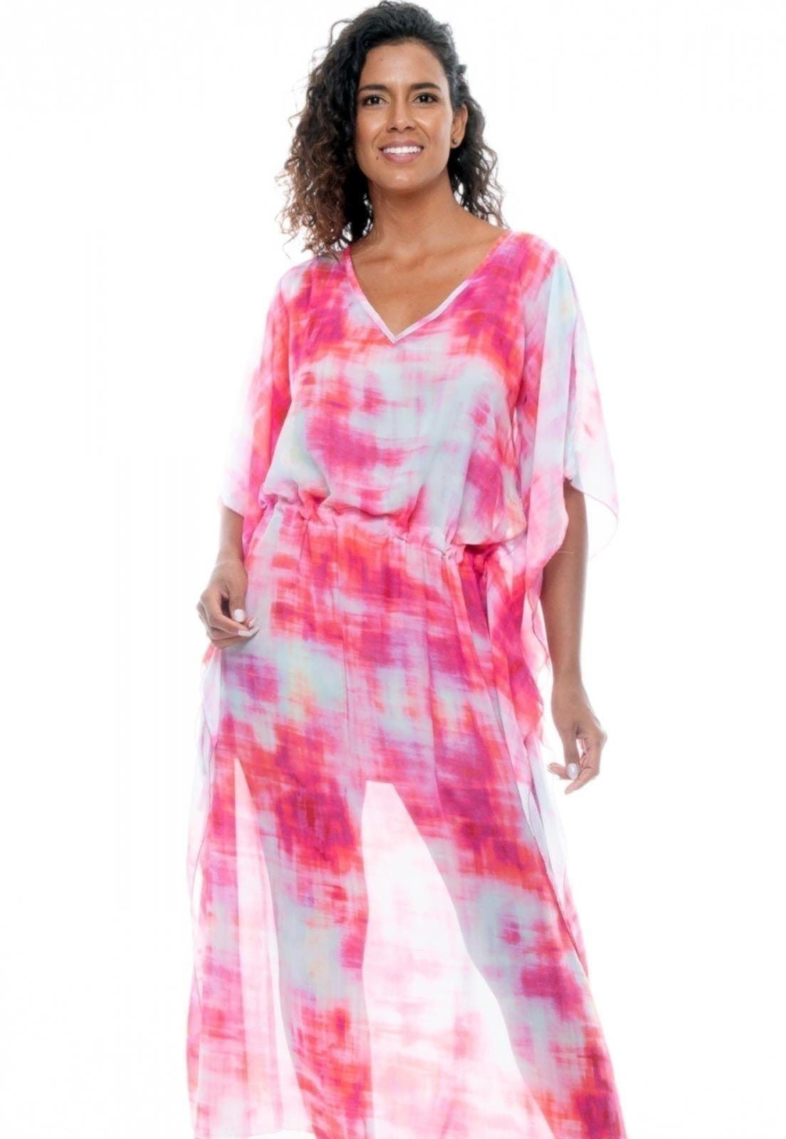 Saída Vestido Kaftan Longo Bata Crepe Semitransparente Estampado Mancha