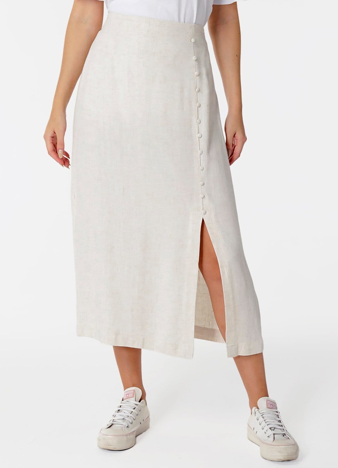 Saia de Linho Longa Claro com Fenda e Botões