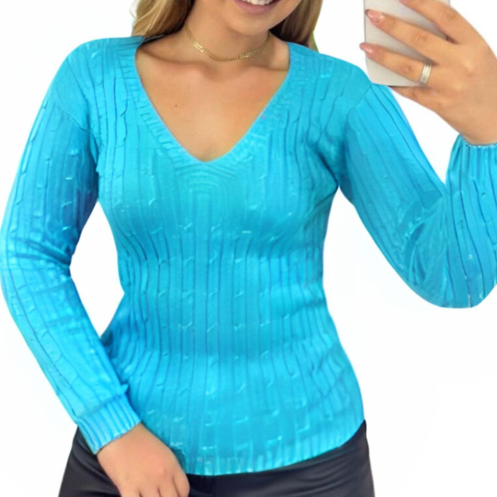 Vista 2 Blusa Feminino FMF Suéter de Tricô Turquesa Manga Longa FMF azul