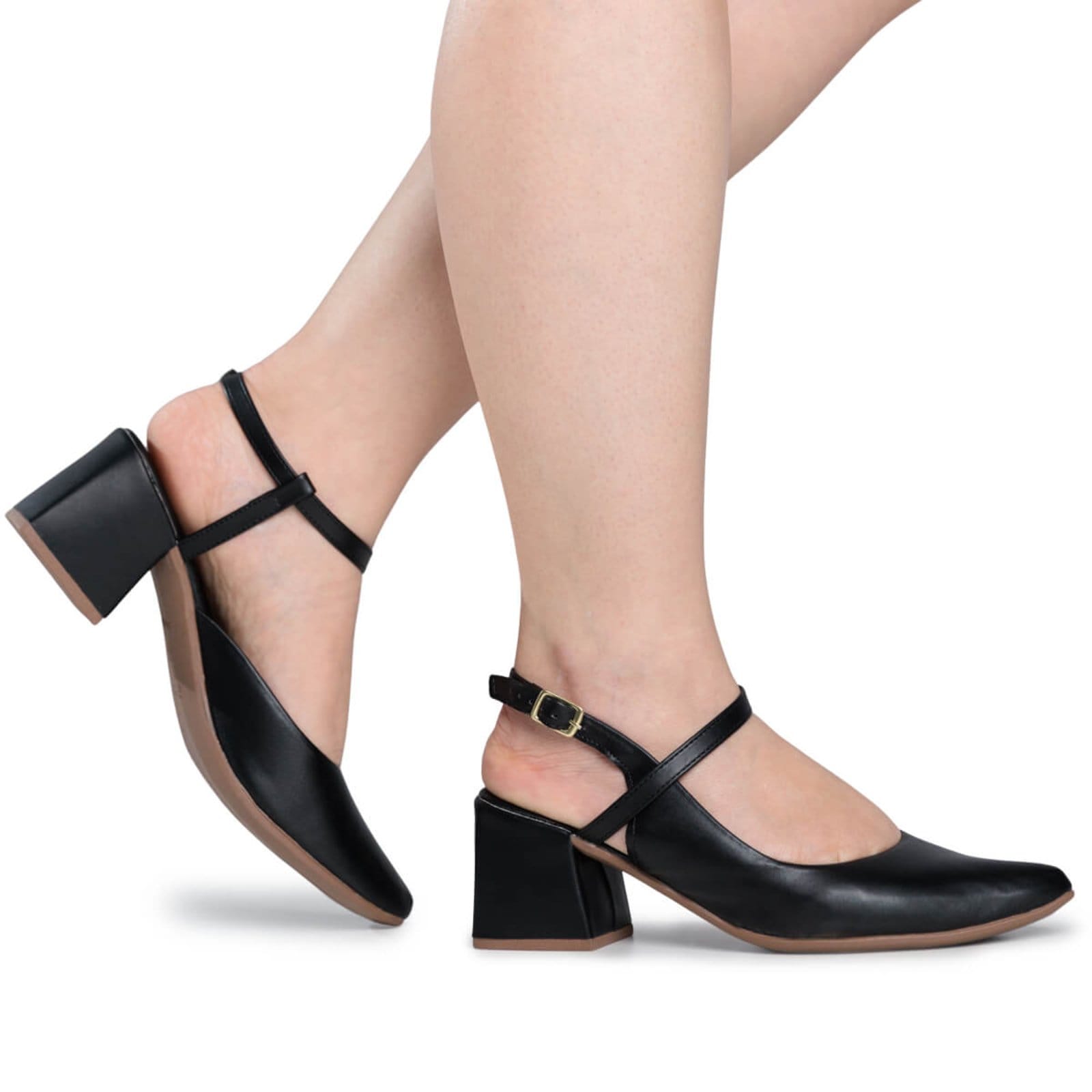 Vista 2 Sapato Feminino Slingback Mary Jane Scarpin Salto Grosso Bico Fino Social Via Angel 9101 VIA ANGEL preto