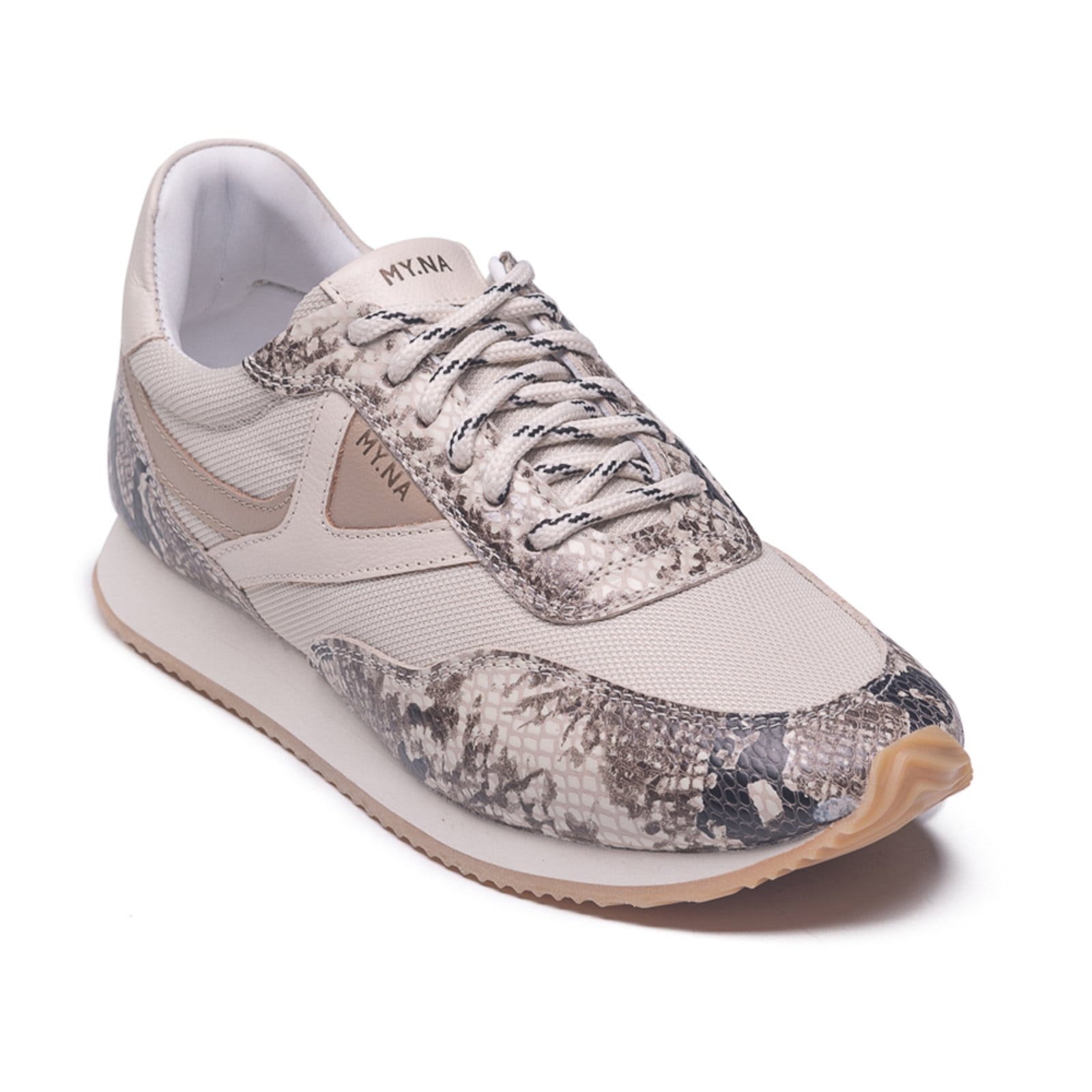 Tênis MY.NA Y9 Couro Legítimo Off White com detalhes em Cobra