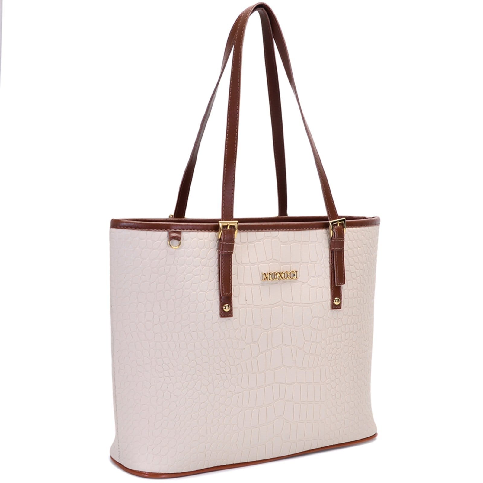 Vista 2 Bolsa Feminina Moncci Grande Ombro Forrada Fivela Roma Croco Marfim MONCCI branco/caramelo/off-white