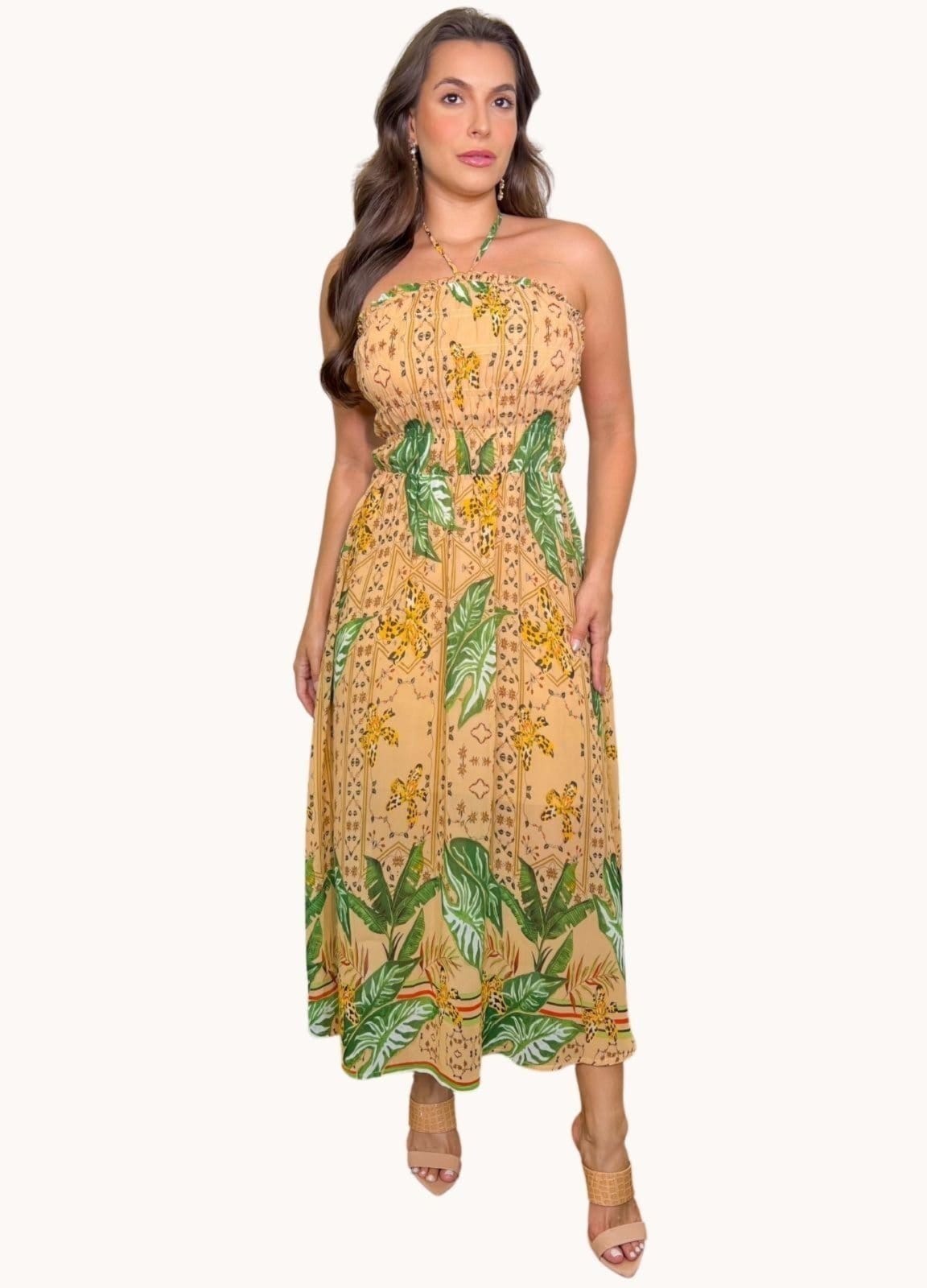 VESTIDO MIDI COM FRANZIDOS E ESTAMPA BARRADA