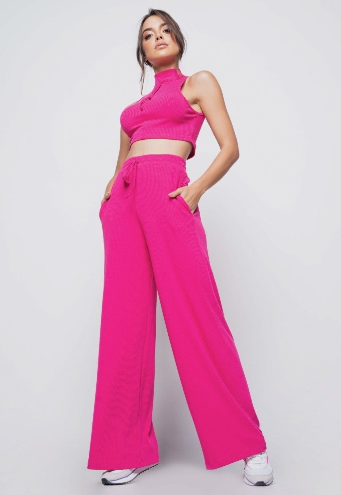 Calça Salvatore Wide Leg Malha Canelada Pink