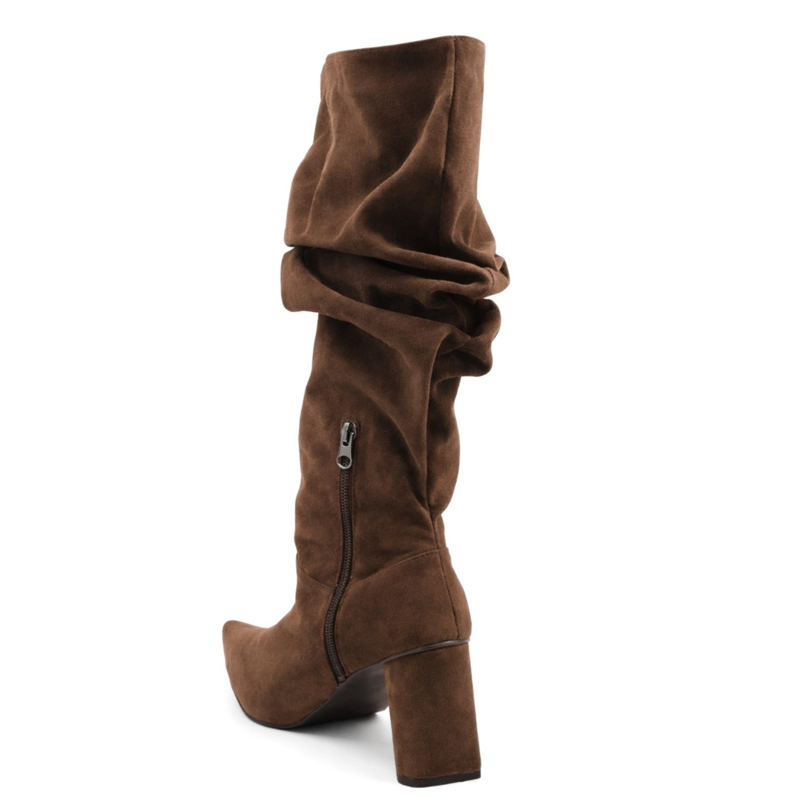 Vista 2 Bota Feminina Slouchy Enrugada Cano Longo Salto Grosso 23021 Camurça Flor da Pele marrom
