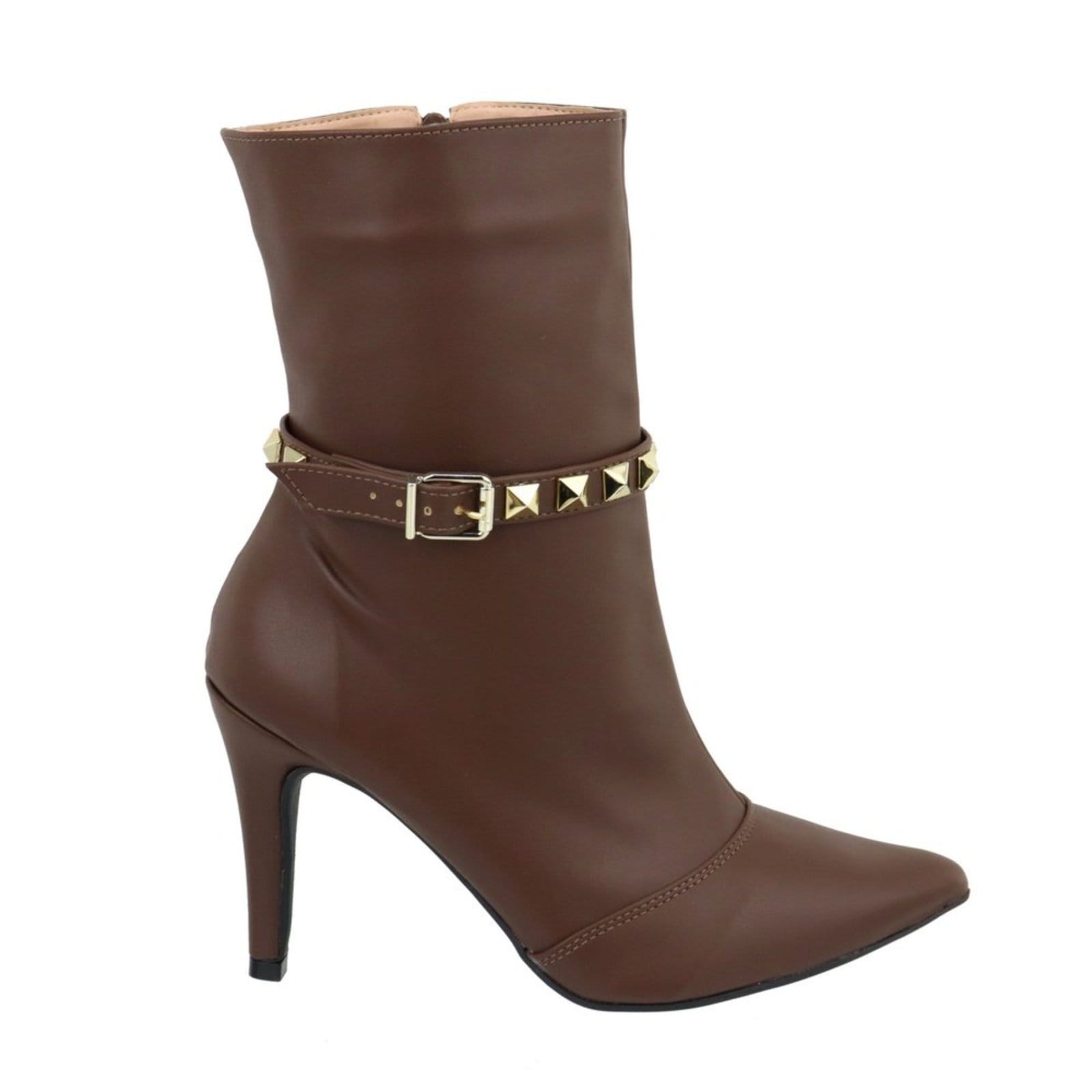 Bota Feminina Bico Fino Cano Médio 1793 Salto Fino Napa Cacau Detalhe Dourado