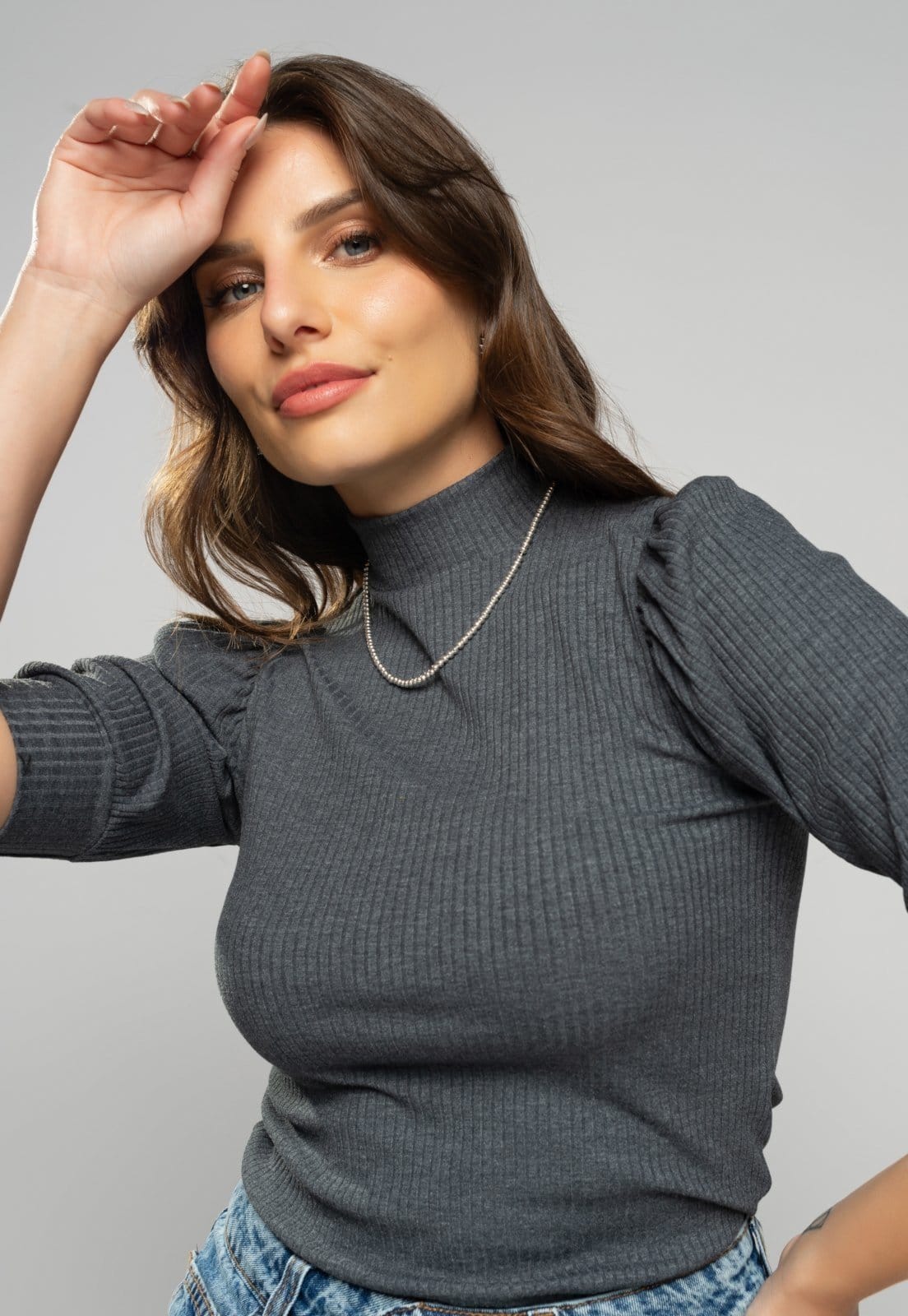 Vista 2 Blusa Salvatore Princesa Manga Curta Canelada Grafite Salvatore Fashion cinza