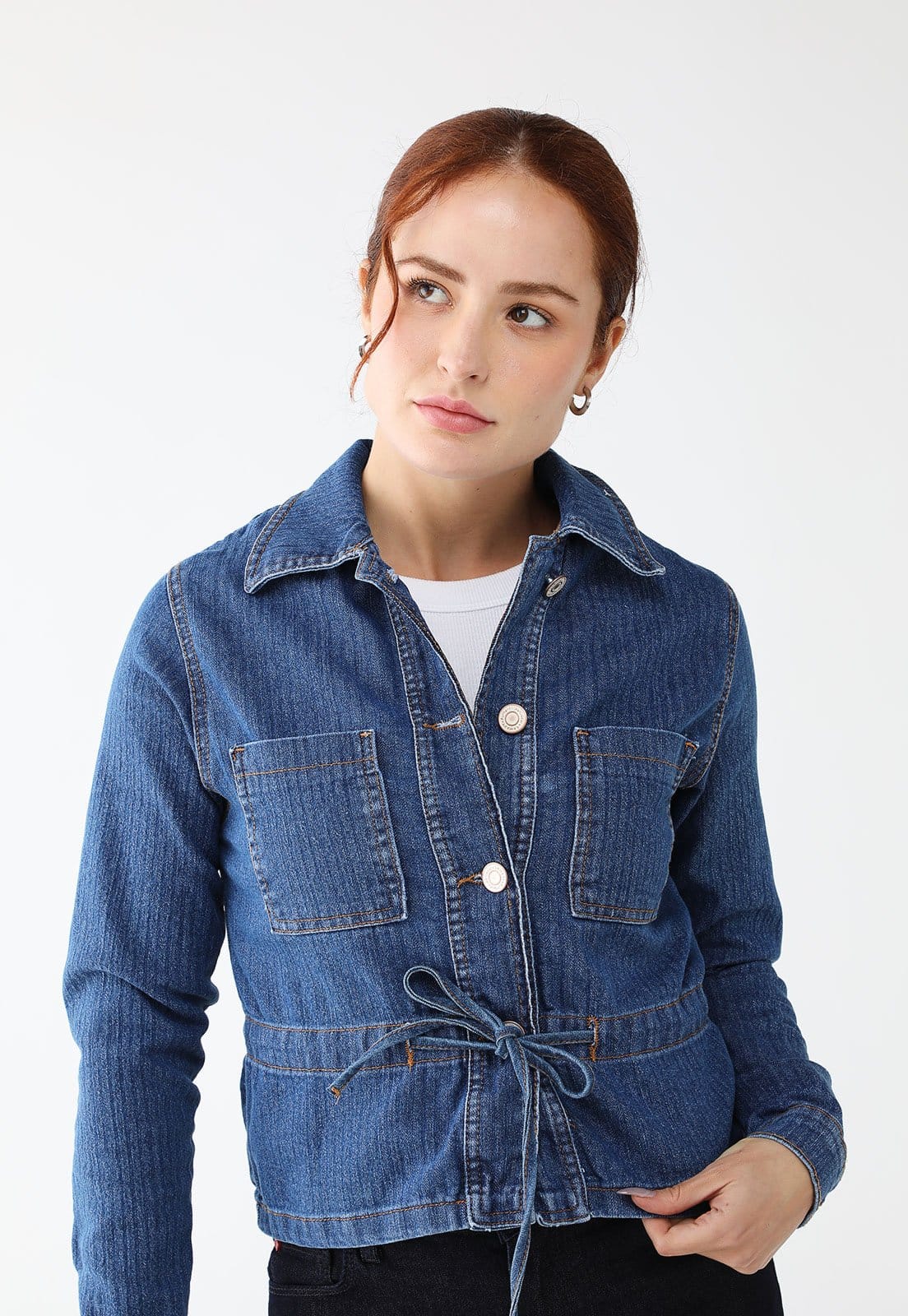 Jaqueta Jeans Sawary Reta Com ajuste frontal