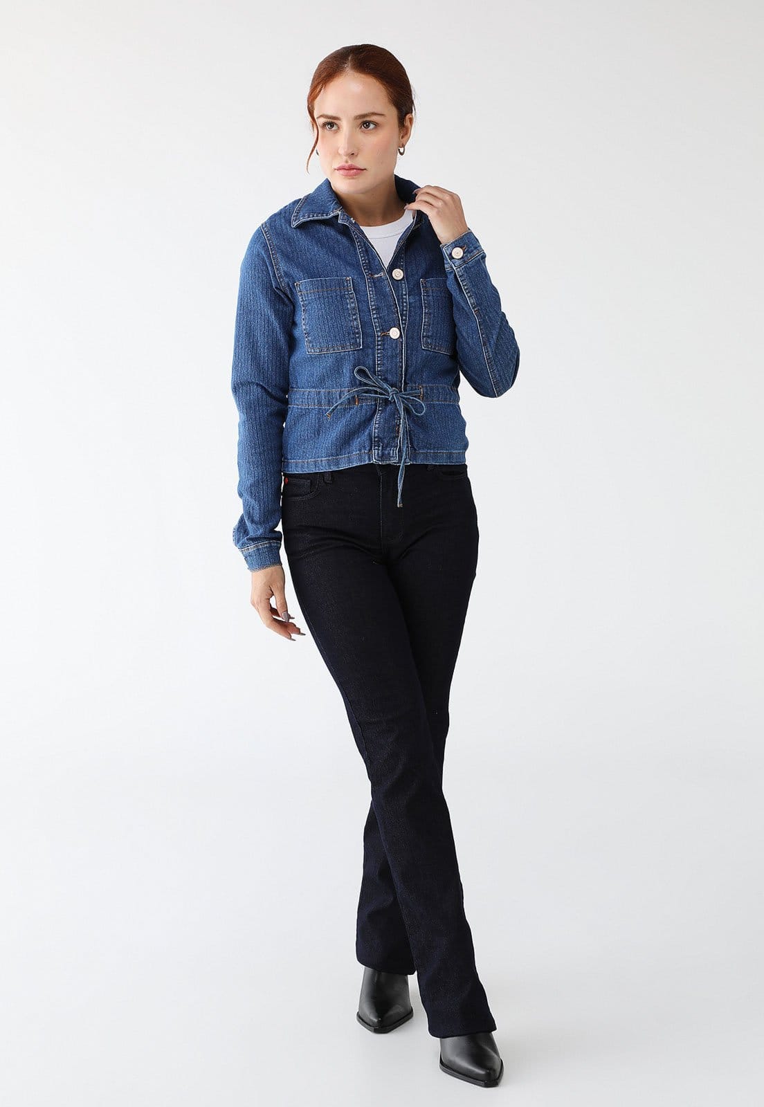 Vista 2 Jaqueta Jeans Sawary Reta Com ajuste frontal Sawary azul