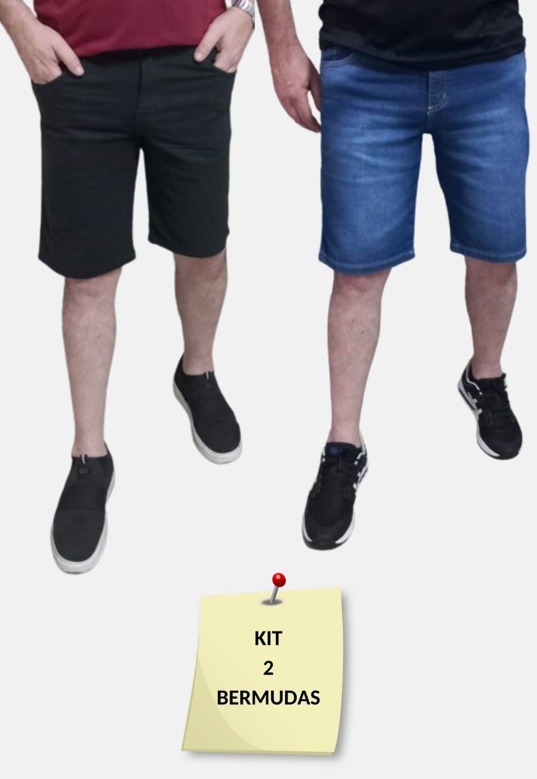 Kit com 2 Bermudas Masculinas Jeans e Sarja Elastano Azul e Preta