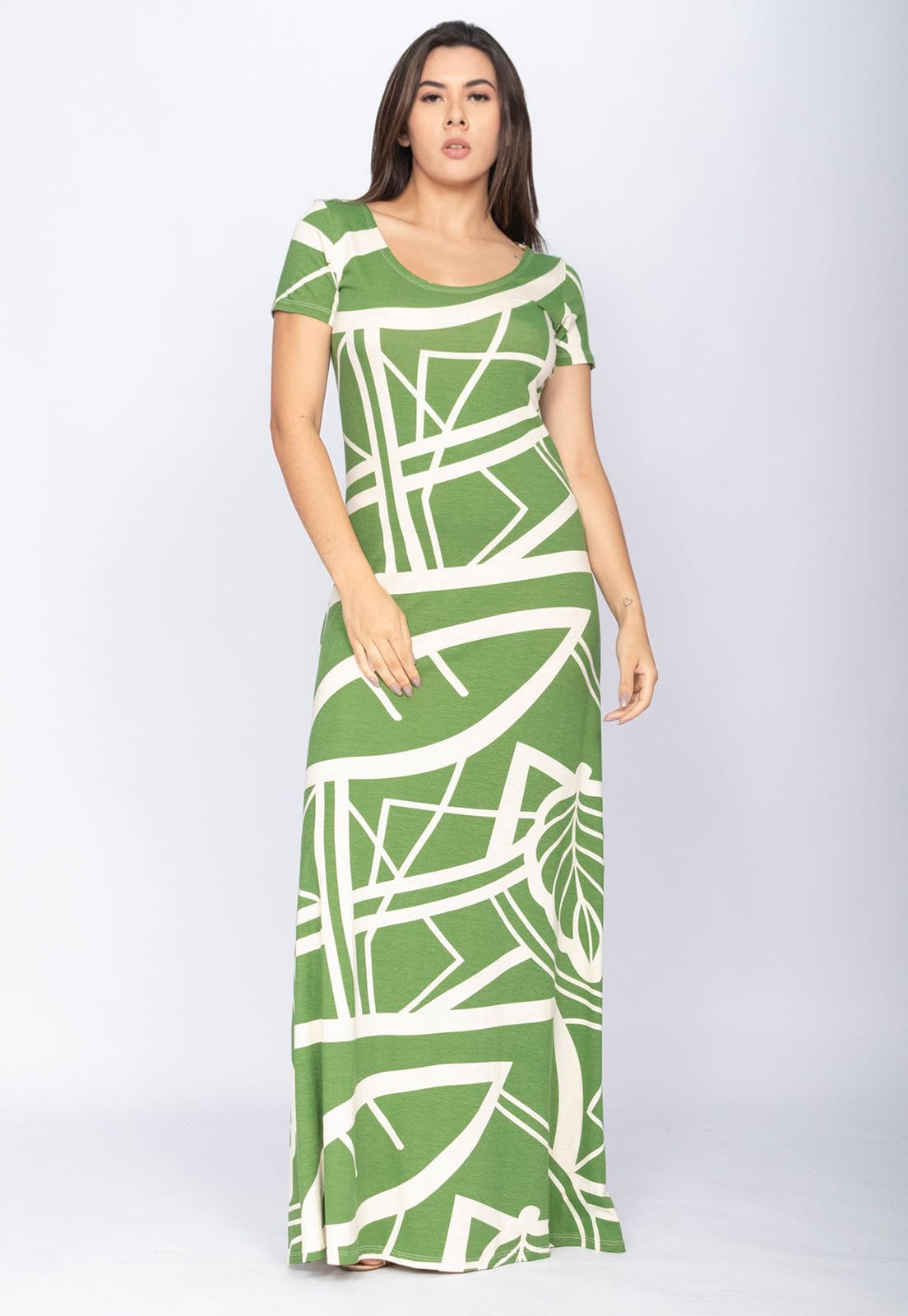 Vestido CabanaFree Longo Malha Gola Canoa Manga Curta Estampa Lagoa Botânica Verde