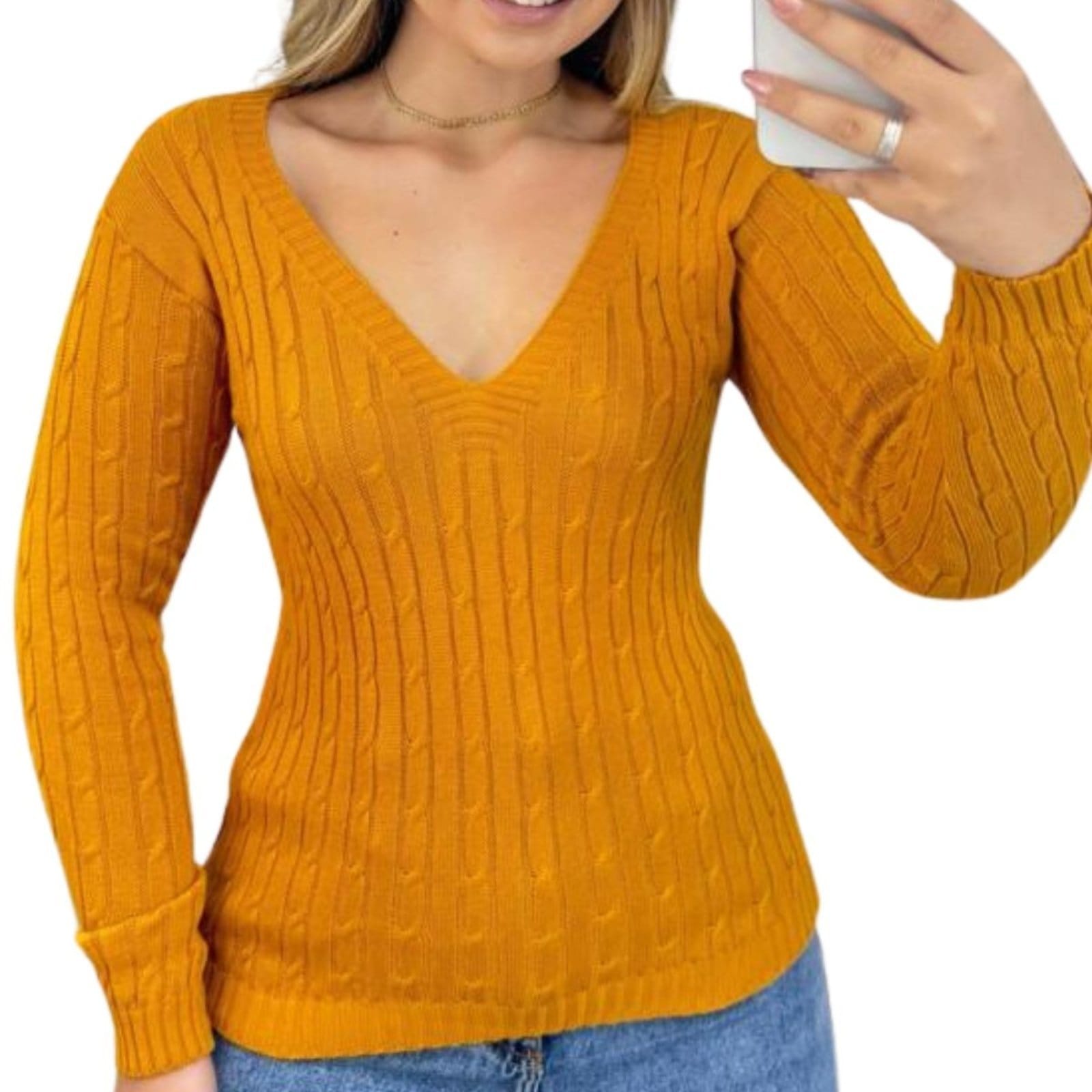 Blusa Suéter Industrie Feminino de Tricô Mostarda Manga Longa