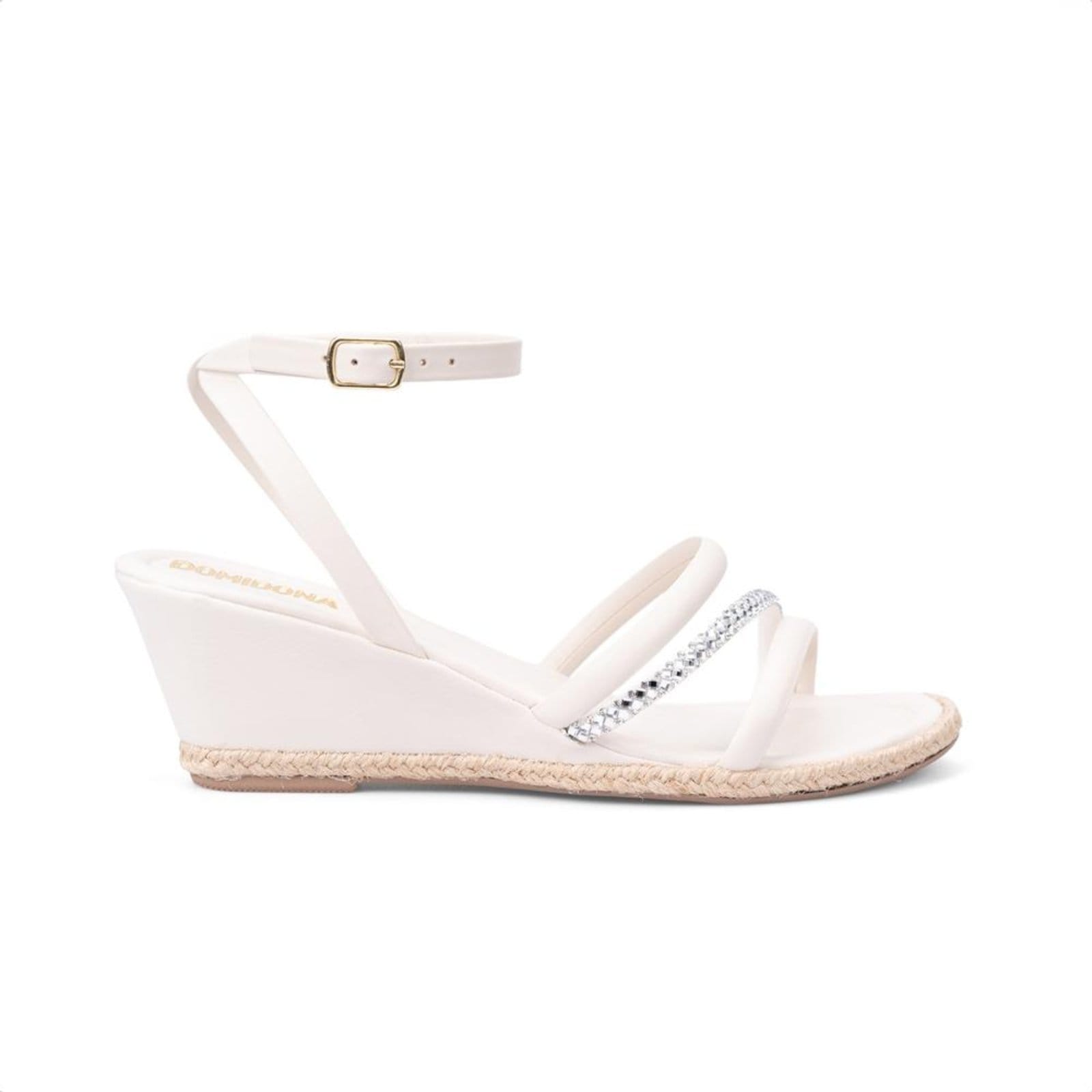 Vista 2 Sandália Anabela Com Detalhe Em Palha E Tira De Strass Off White Domidona off-white white