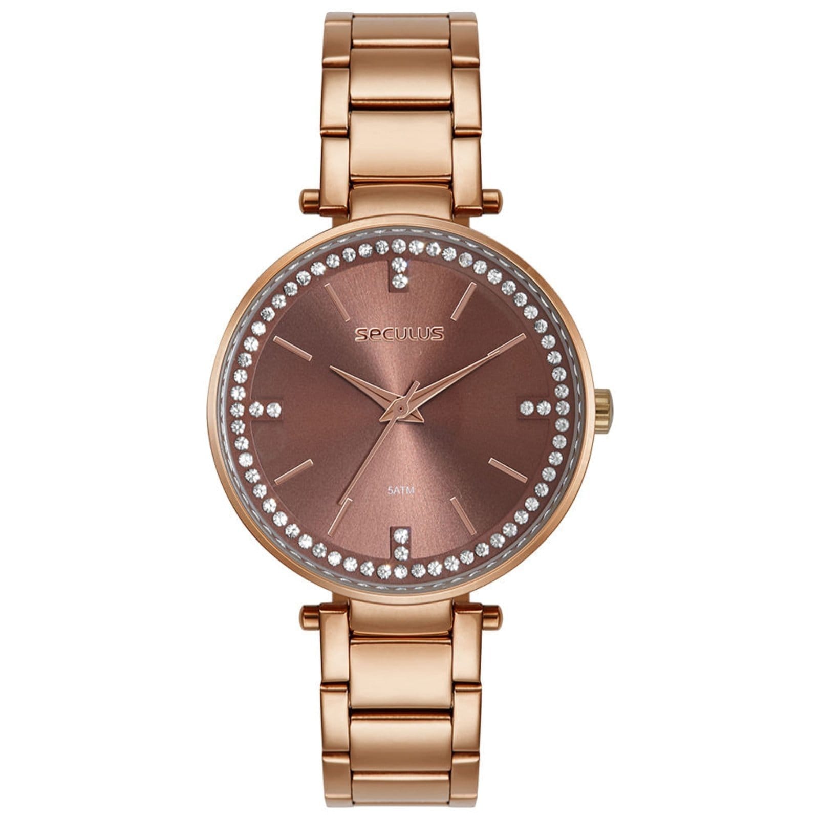 Relógio Feminino Analógico Cristais Visor Amplo Marron