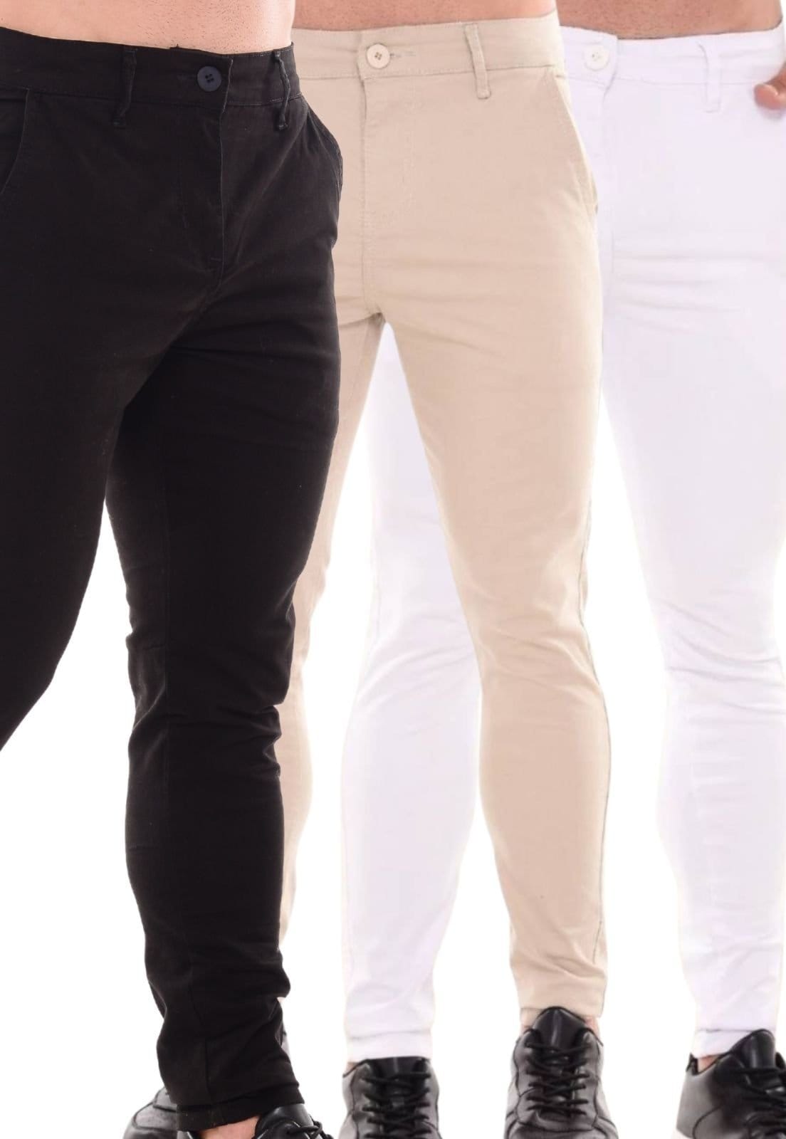 Kit 3 Calças Sarja Masculina Mys Jeans Confortável Estilosa Branco Preto Bege