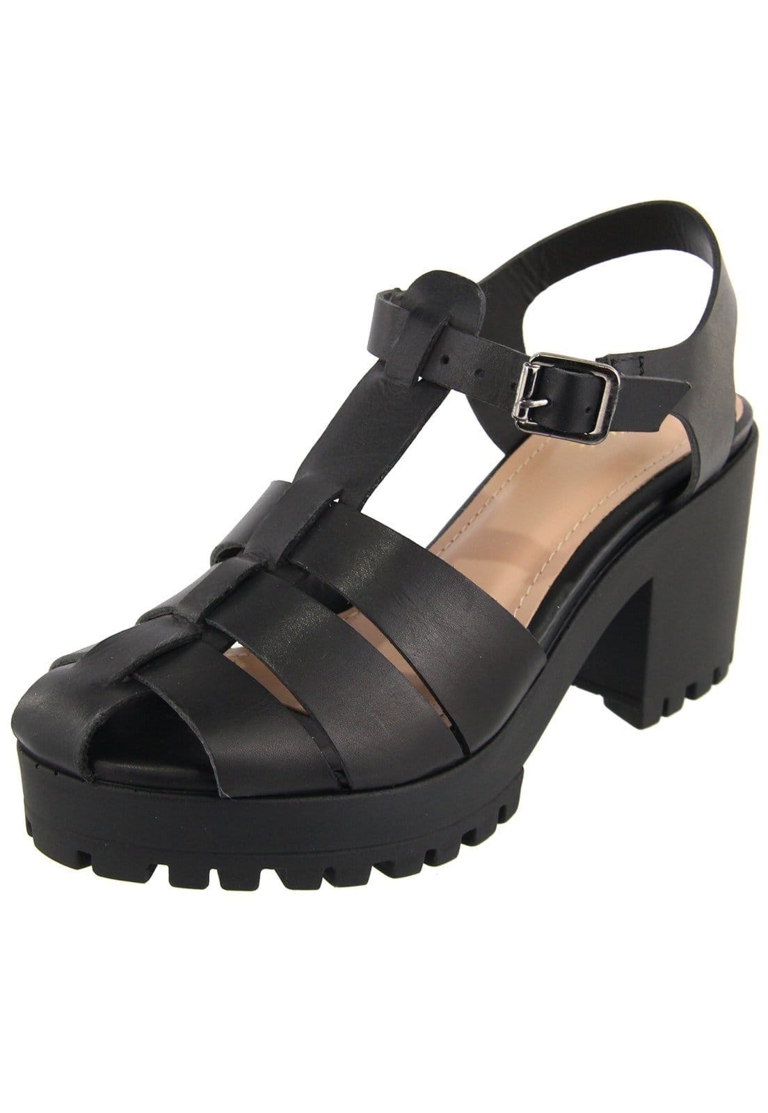 Sandália Tratorada em Couro Salto Bloco Tiras Maria Paula Preta