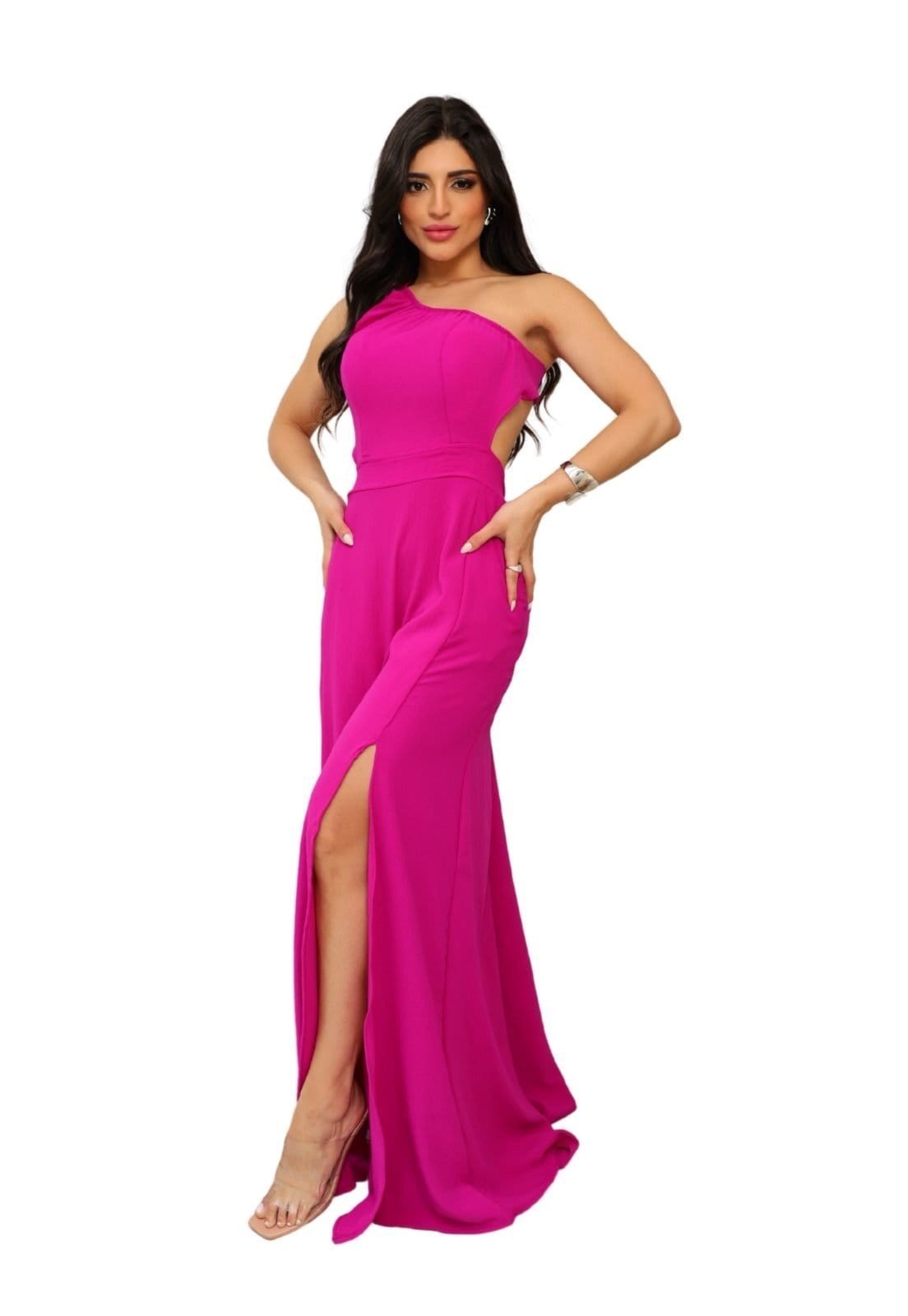 Vestido Longo Um Ombro Abertura Lateral Zyana Fúcsia