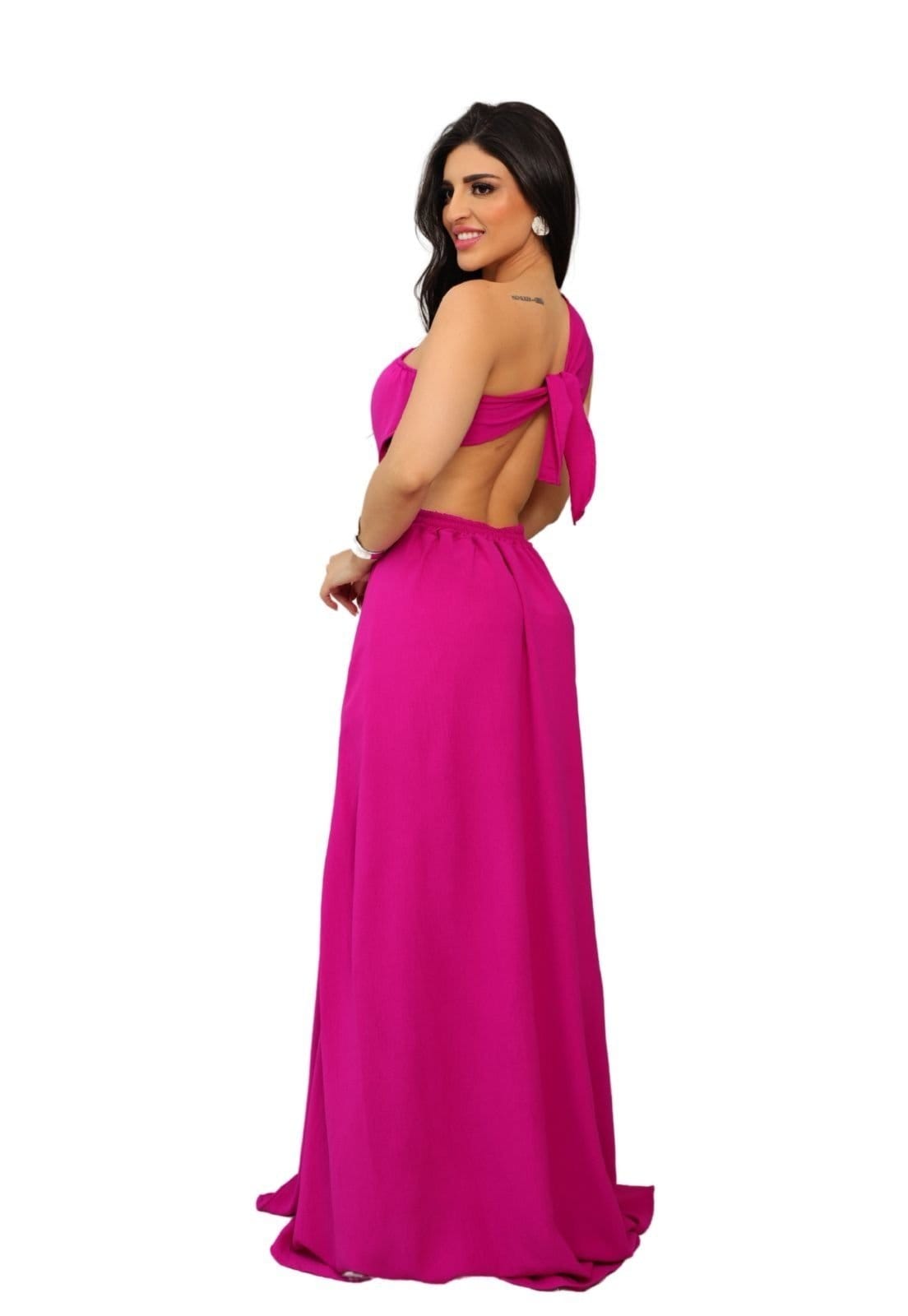 Vestido Longo Um Ombro Abertura Lateral Zyana Fúcsia - 2