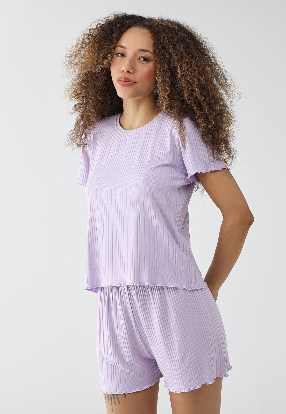 Pijama Curto Feminino Malwee Canelado Lavanda