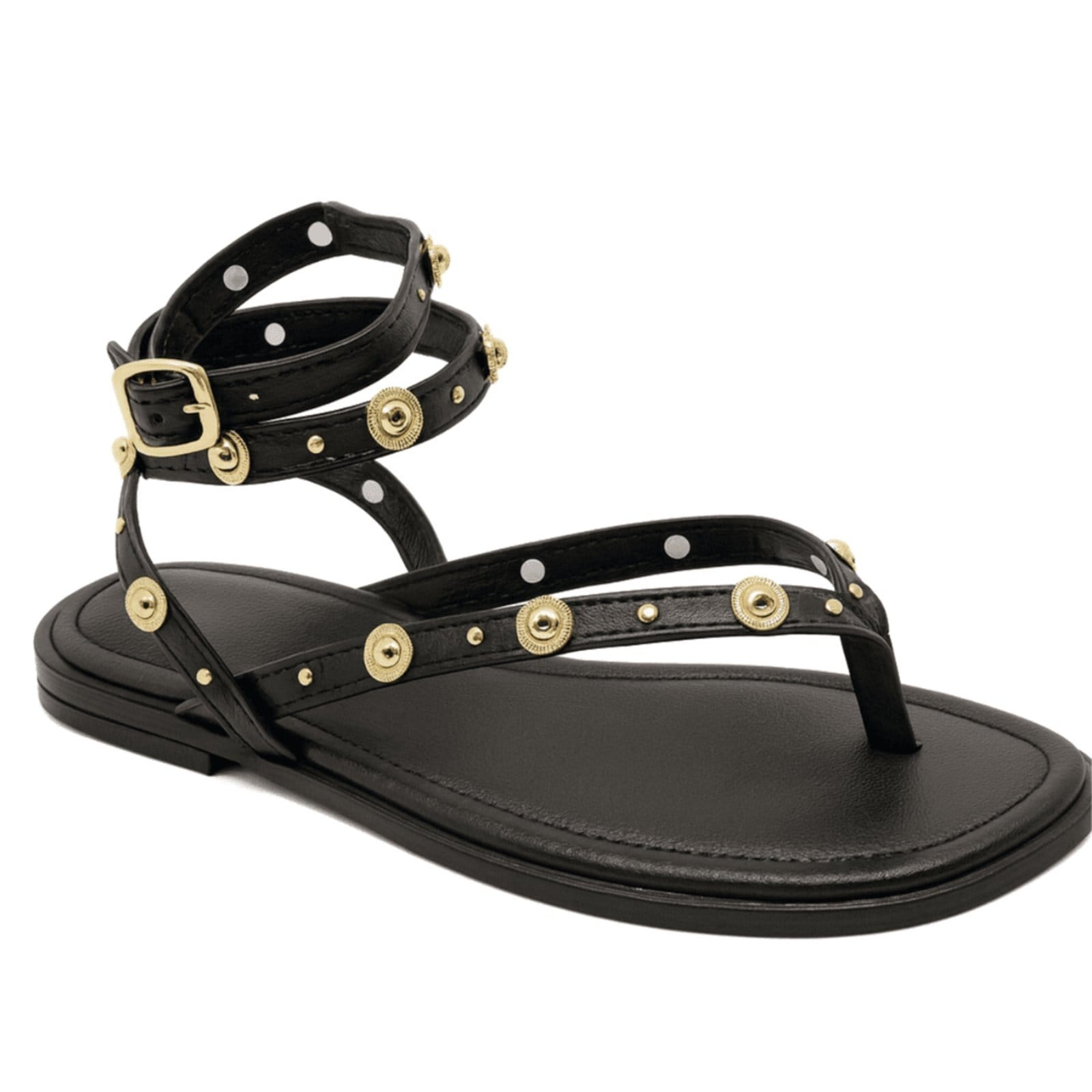 Rasteira Feminina Tiras Aplique Tachas Douradas Confortável Verão Flor da Pele 304