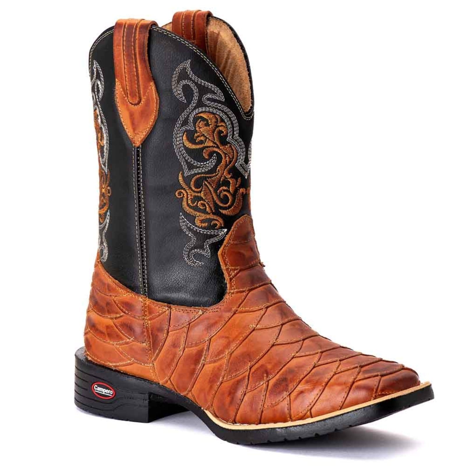 Vista 2 Bota Couro Texana Escamada Campero Bico Quadrado Bordada Pinhão Campero castanho