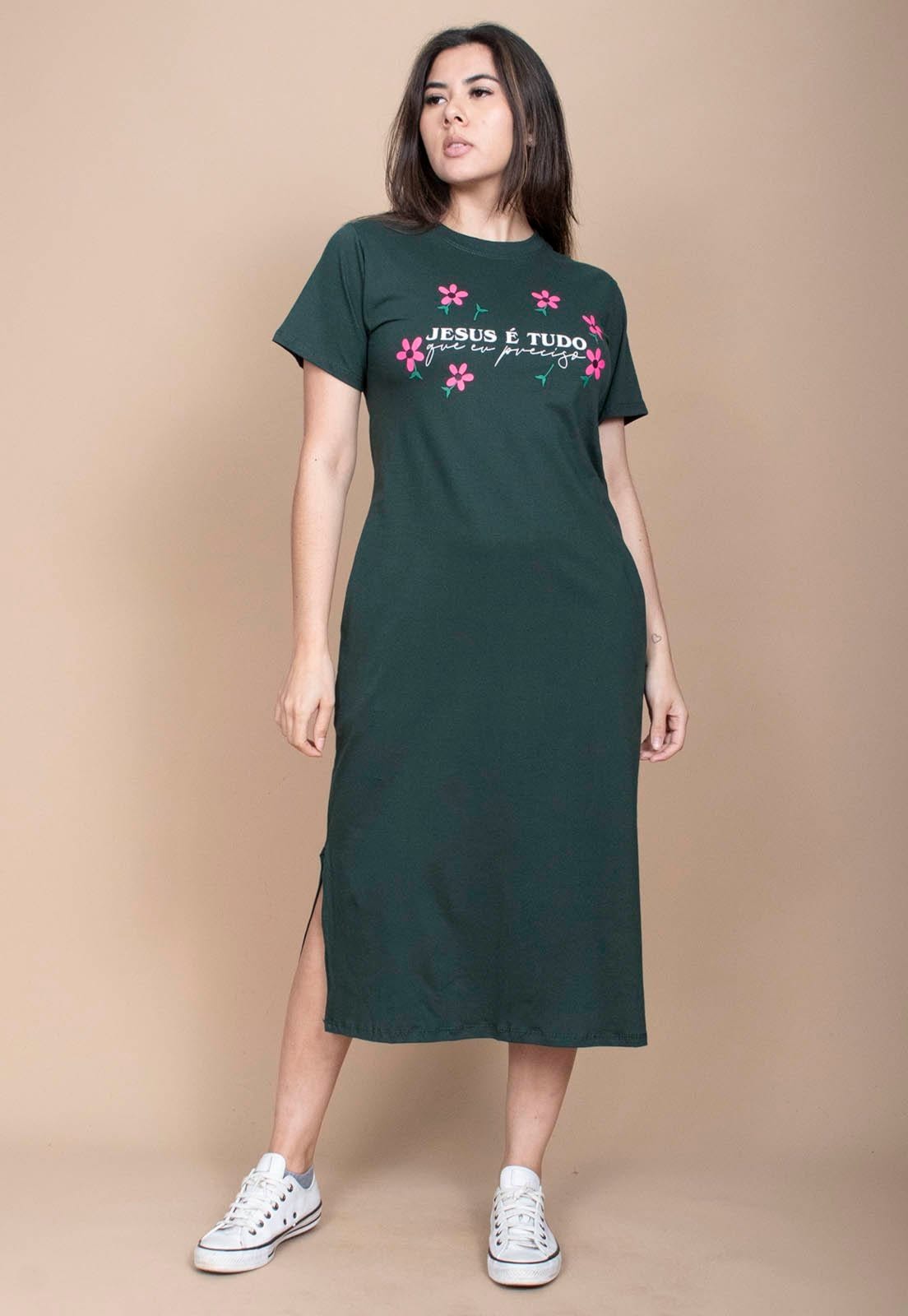 Vista 2 Vestido Cabanafree Midi Algodão Manga Curta Moda Evangélica Verde Cabanafree estampado/rosa verde