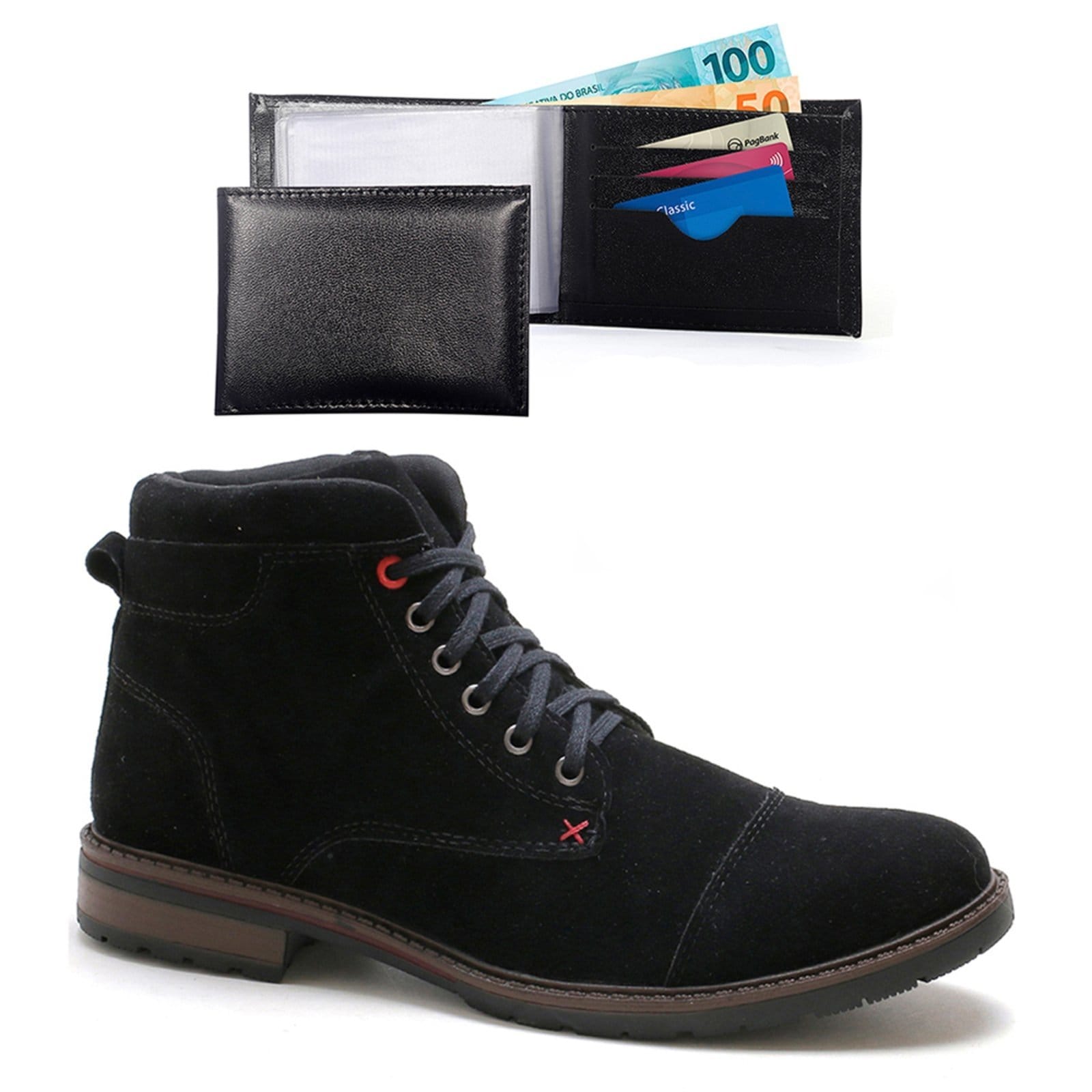 Vista principal Bota Masculina Com Carteira Bredeni Confortavel Coturno Estilo Casual Preta BREDENI preto