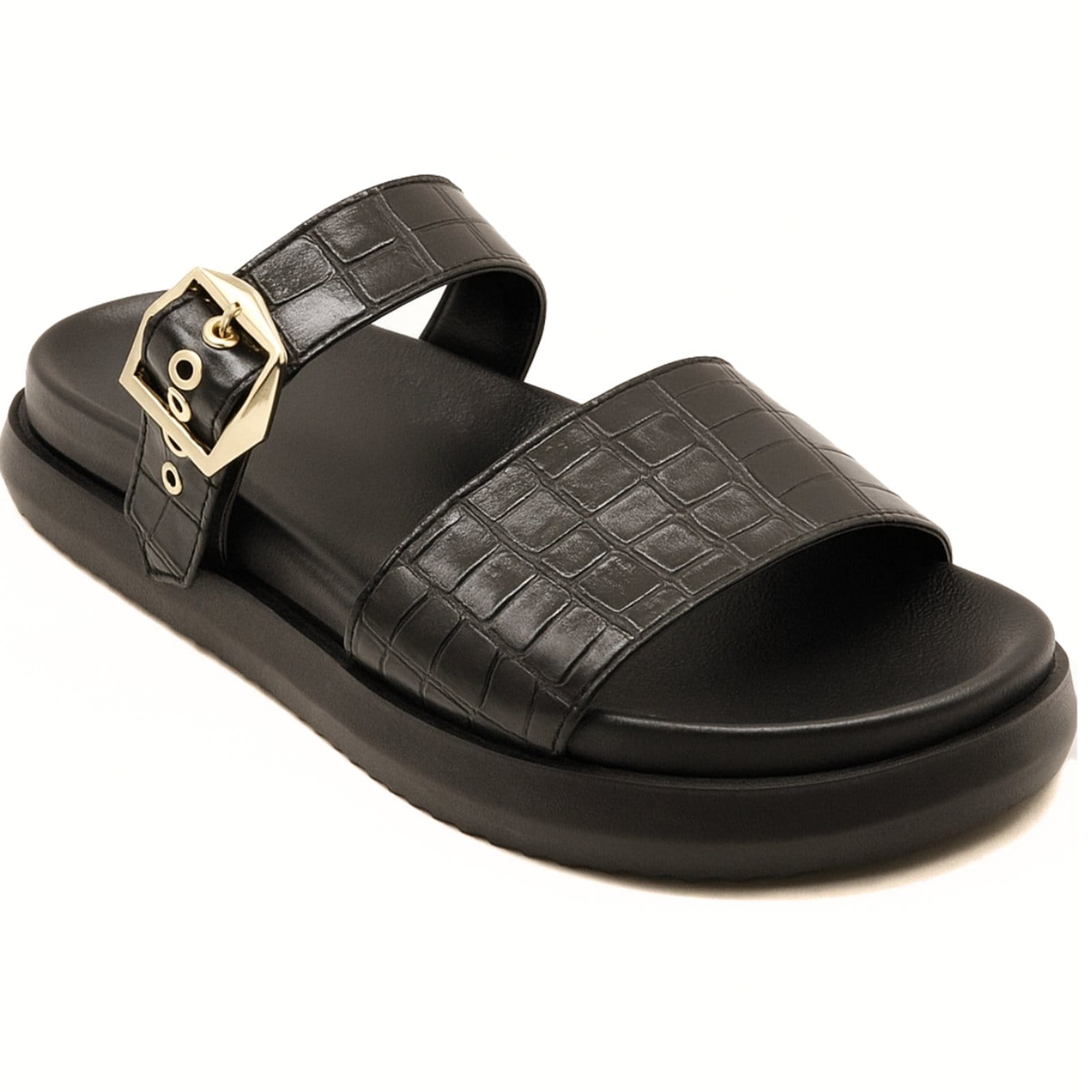 Papete Flatform Feminina Slide Duas Tiras Confortável Croco 006