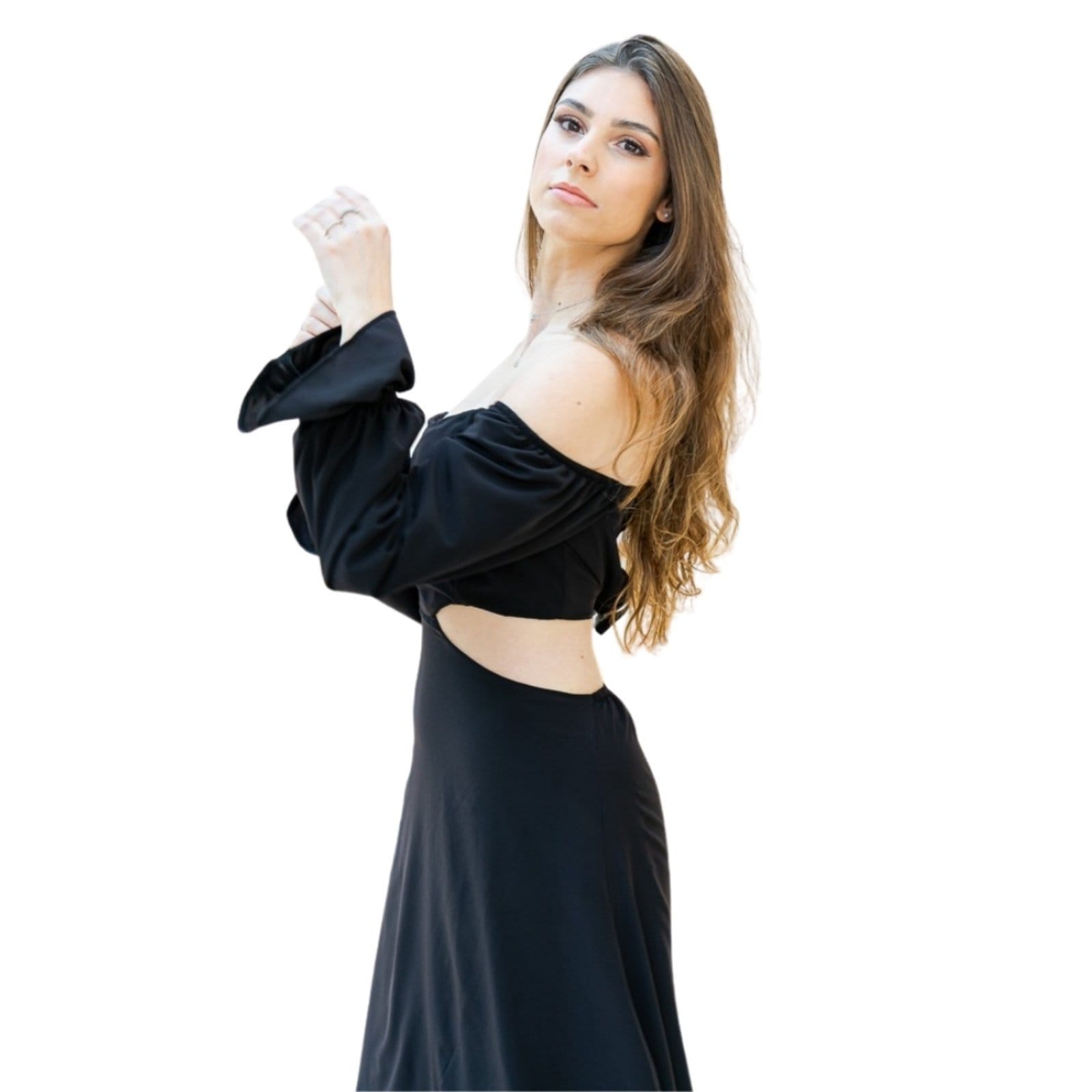 Vista 2 Vestido Midi Manga Longa Viscose Cia do Vestido preto