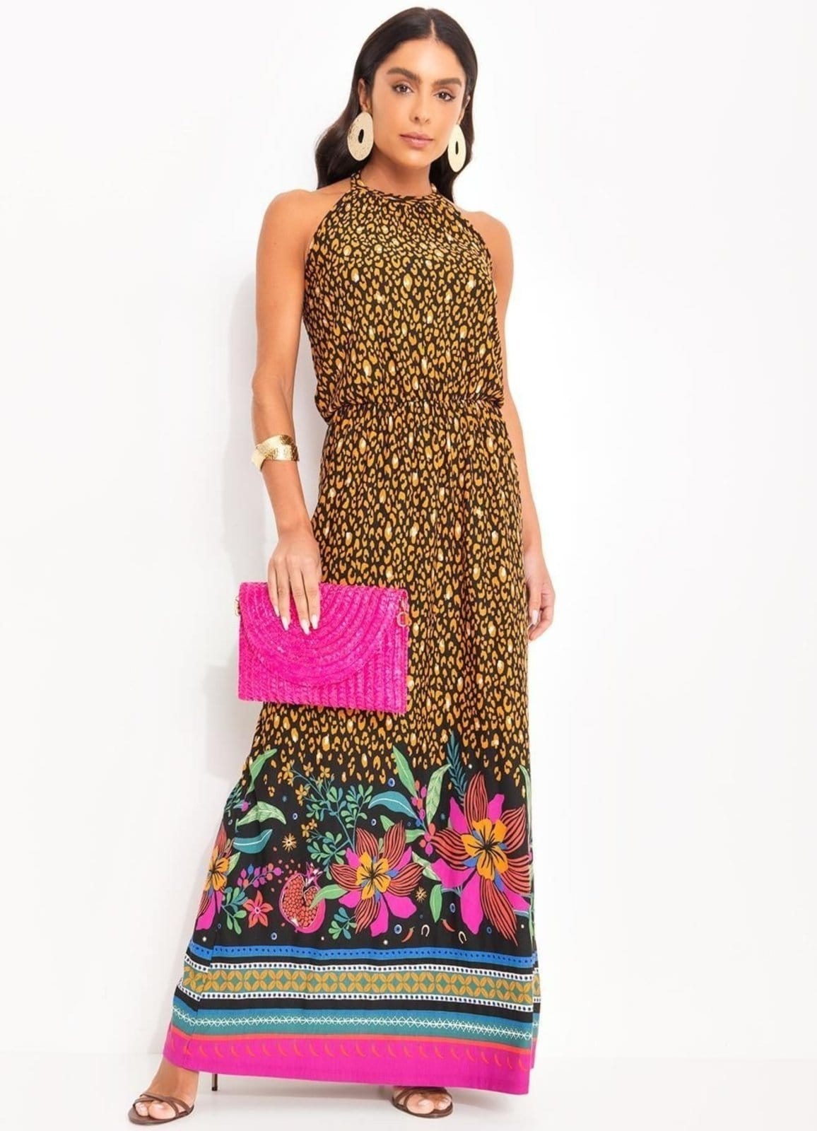 Vestido Onça Floral Em Malha De Viscose