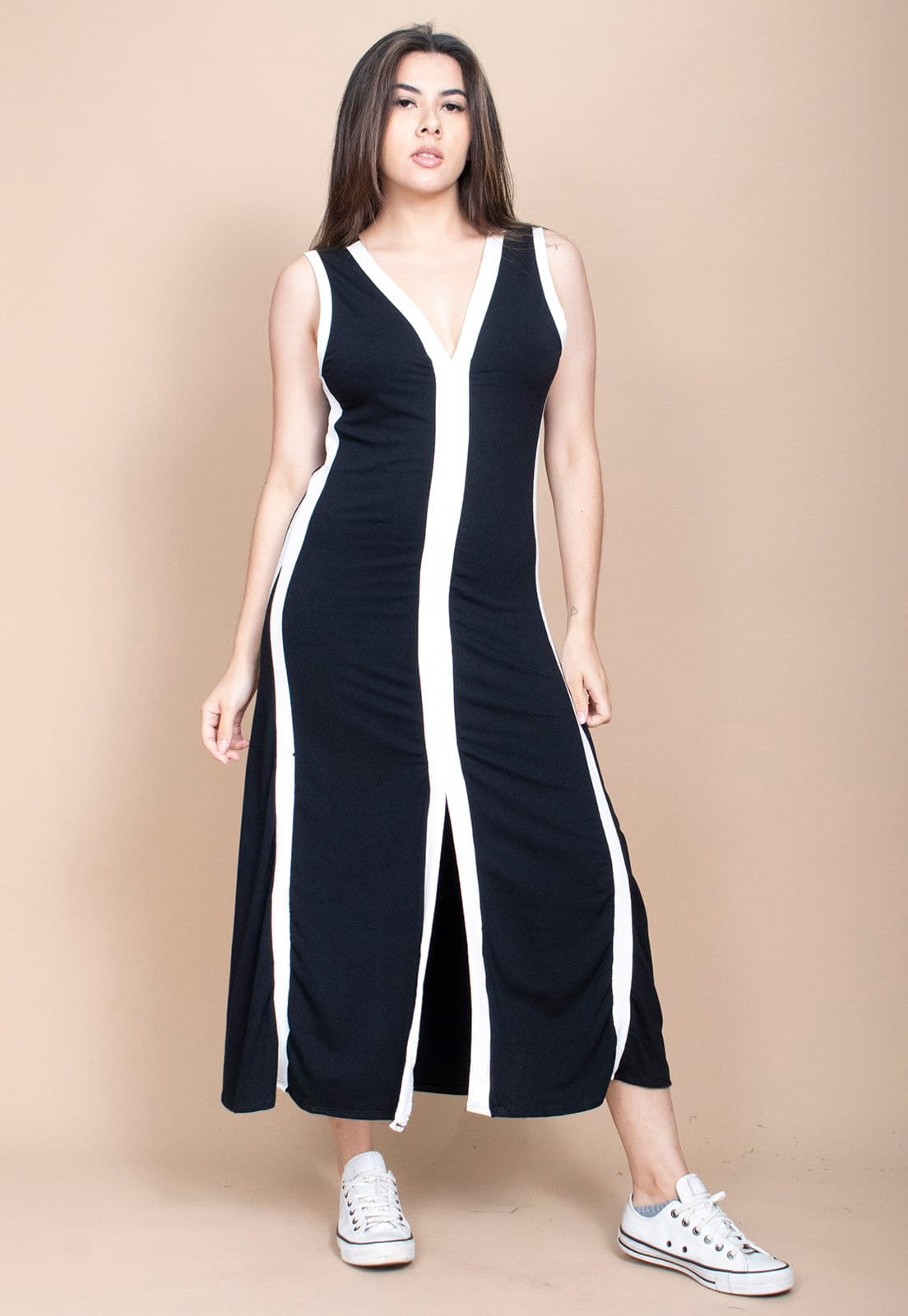 Vista 2 Vestido Cabanafree Midi Fenda Frontal Color Block Preto Cabanafree off-white