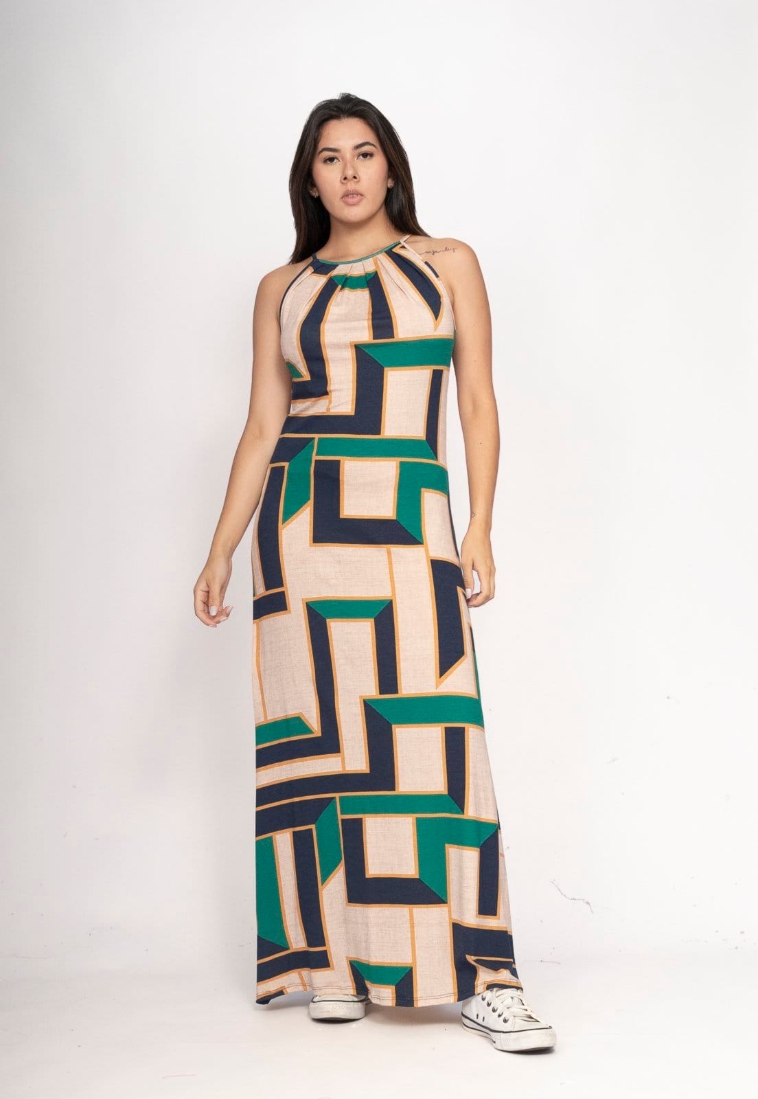 Vestido CabanaFree Longo Eirapuã Malha Trapézio Estampa Chapada de Areia