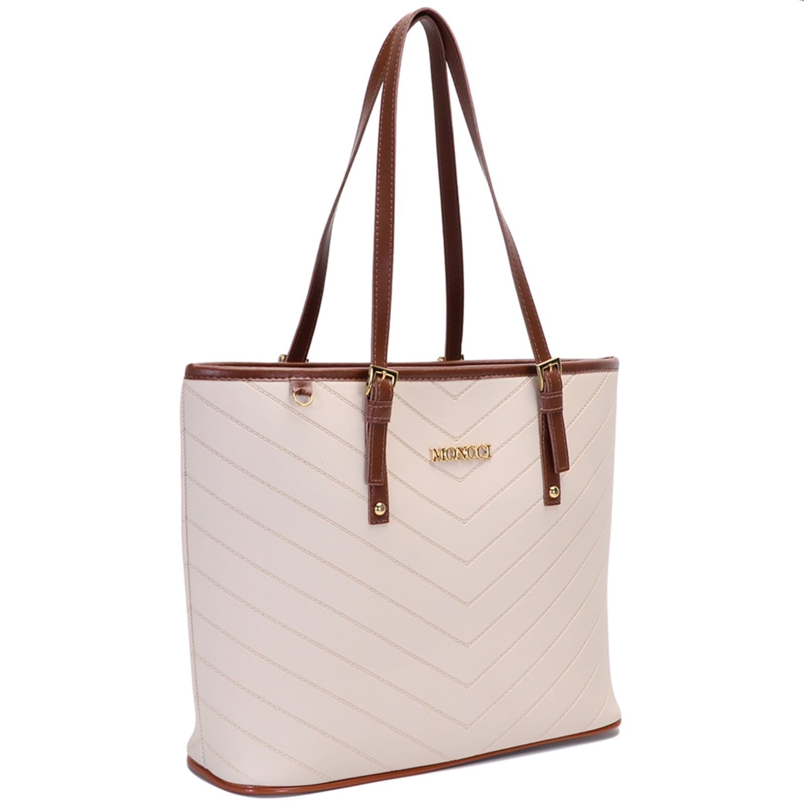 Vista 2 Bolsa Feminina Moncci Grande Ombro Forrada Fivela Roma Bordado Marfim MONCCI branco/caramelo/off-white