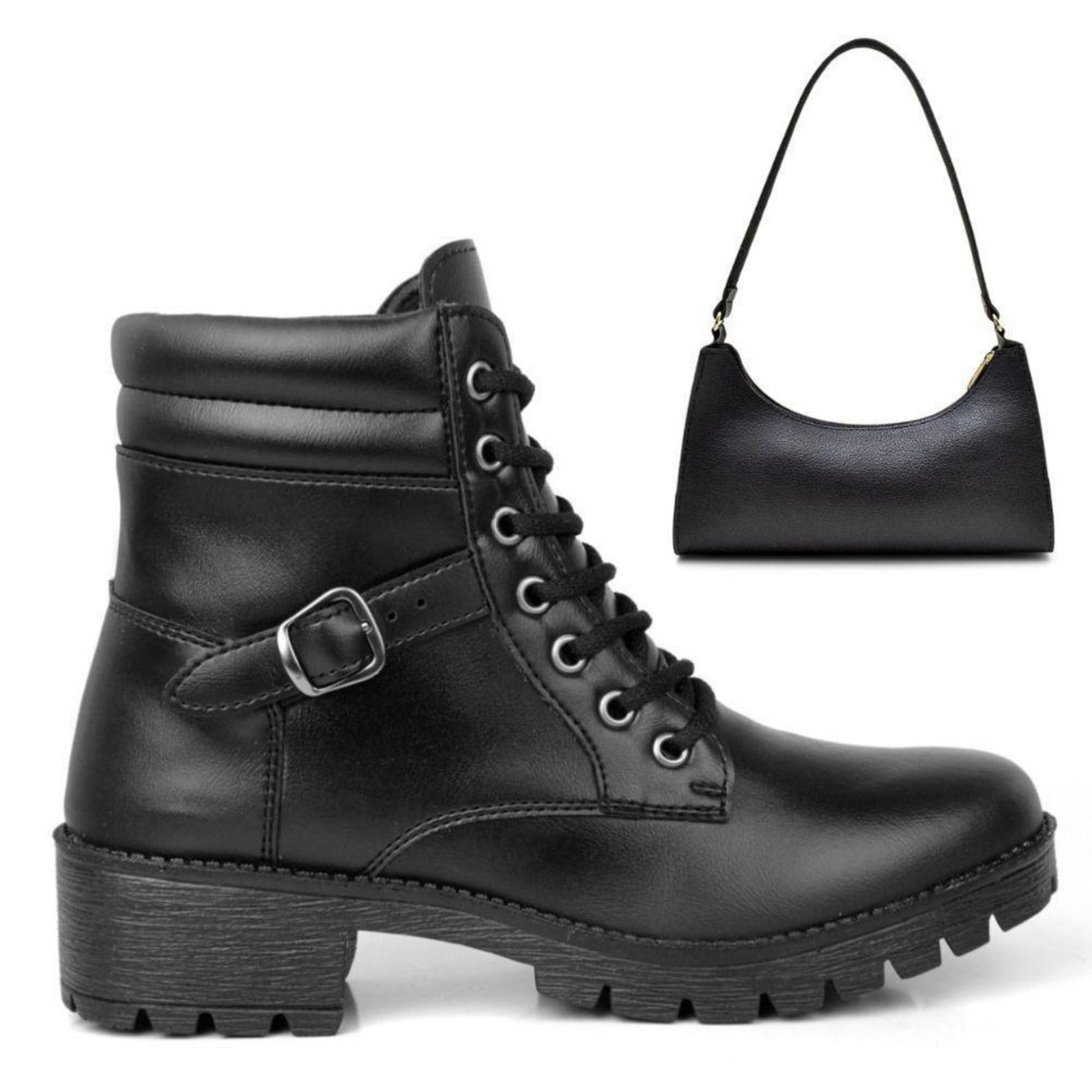 Kit Coturno Feminino Sapatofran Tratorado Cano Curto Com Bolsa Baguete