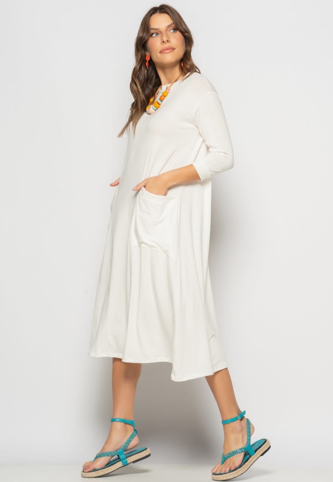 Vestido Midi Com Bolsos E Manga 7/8 Salvatore Marfim