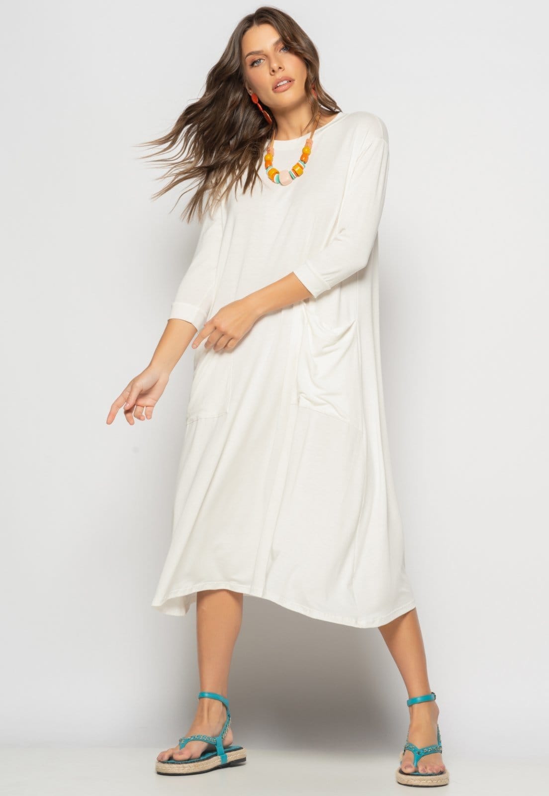 Vista 2 Vestido Midi Com Bolsos E Manga 7/8 Salvatore Marfim Salvatore Fashion bege