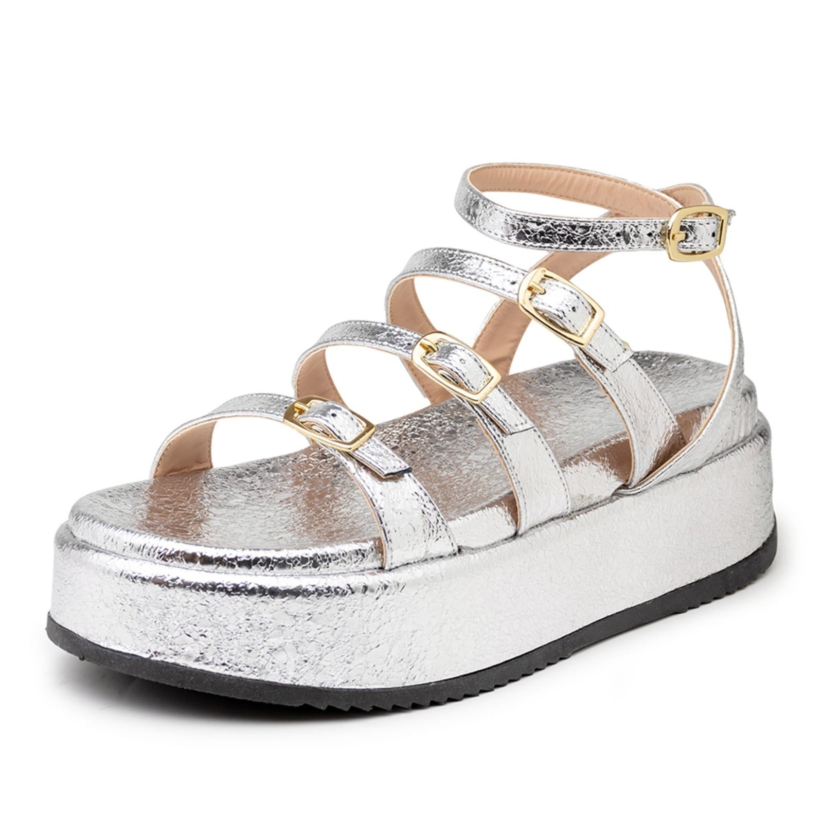 Vista 2 Sandália Papete Flatform Napa Essense Tiras Fivelas 5302 Flor da Pele prata