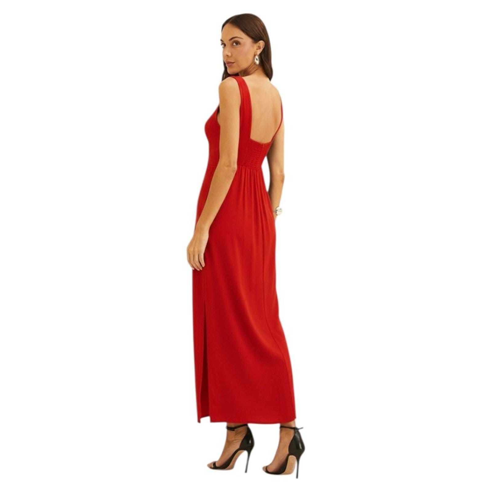 Vista 2 Vestido Reto Em Linho Com Fenda Lateral Forum Sparkly Forum vermelho