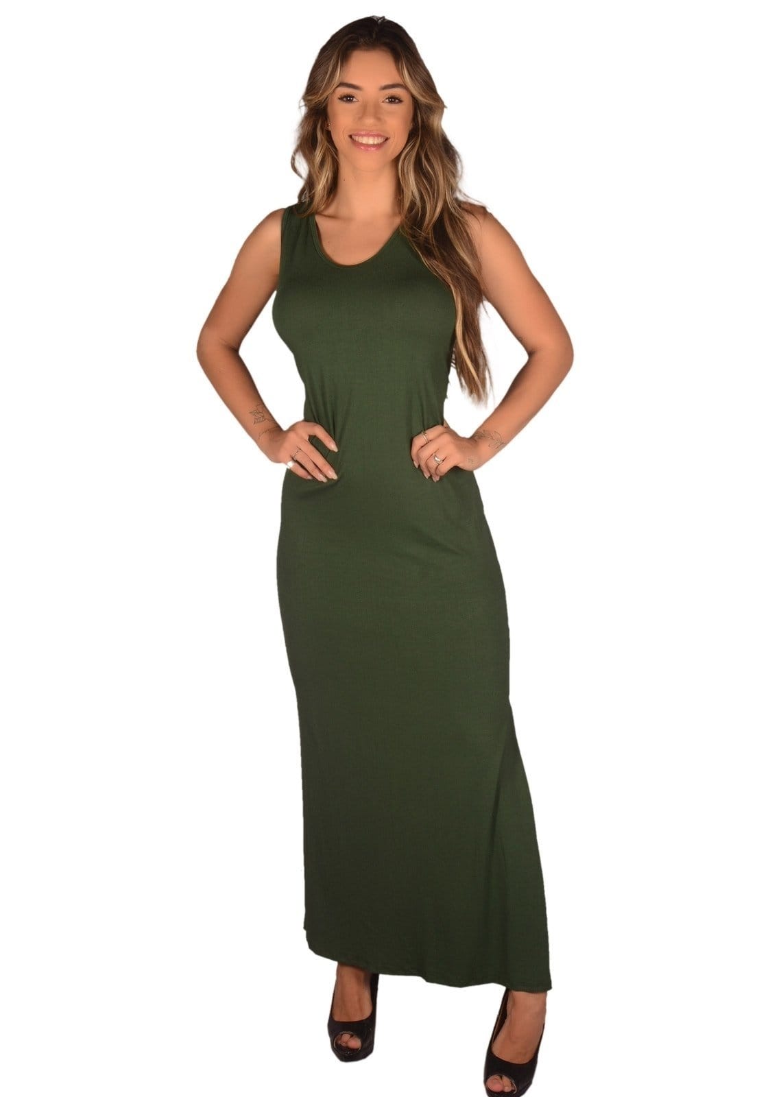 Vista principal Vestido Longo Verde Militar Com Fenda Lateral Toda Casual preto verde