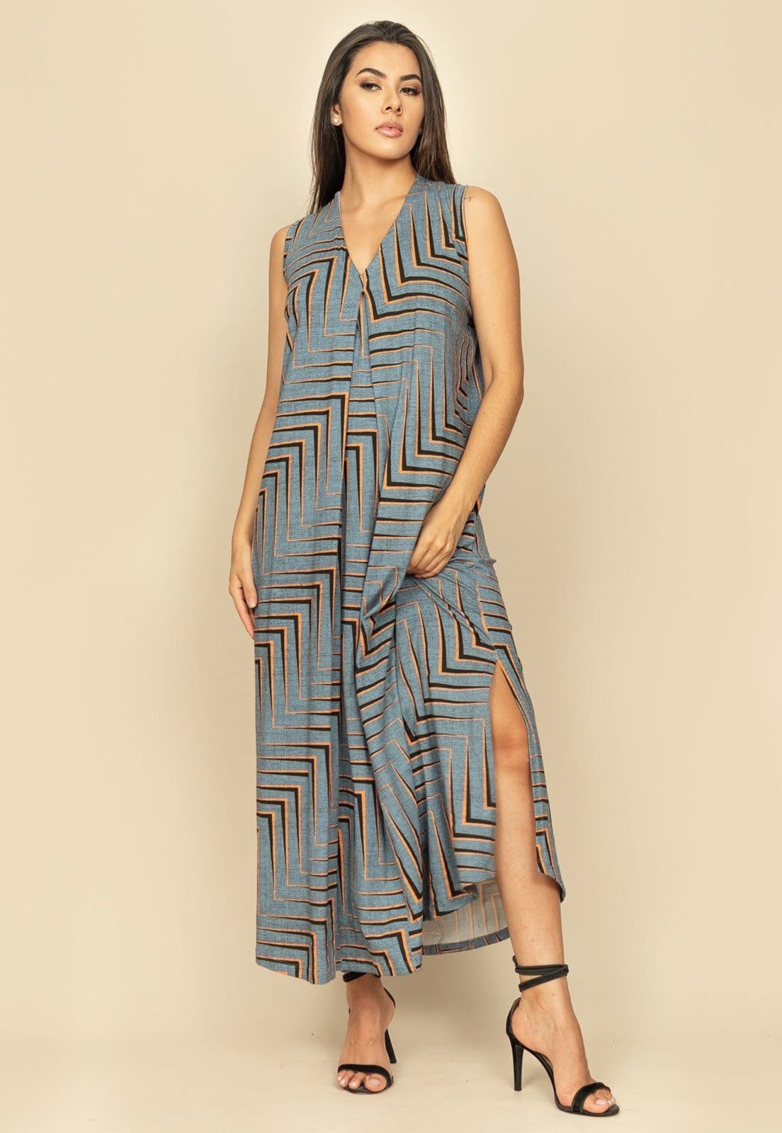 Vista 2 Vestido Longo Acará Malha Estampa Murici Amazonia Vital azul