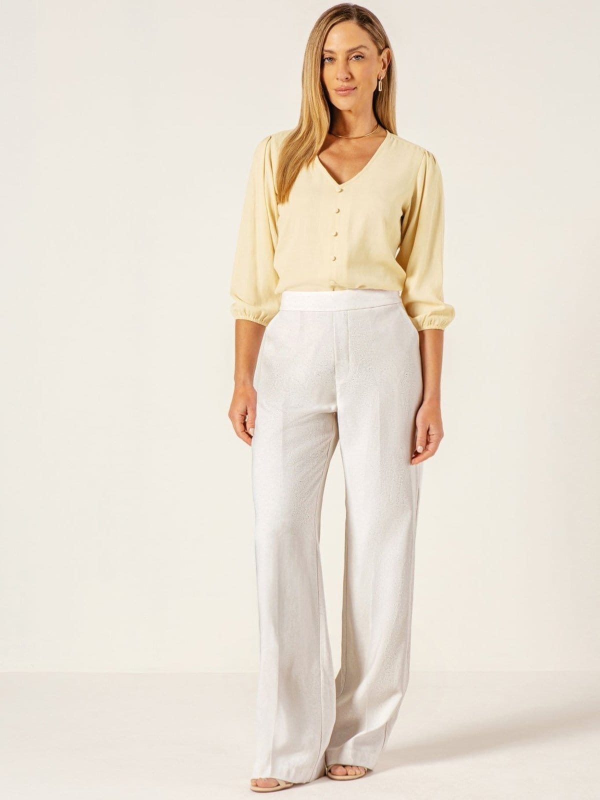 Calça Wide Leg em Viscose Fluid com Linho Off White Julienne