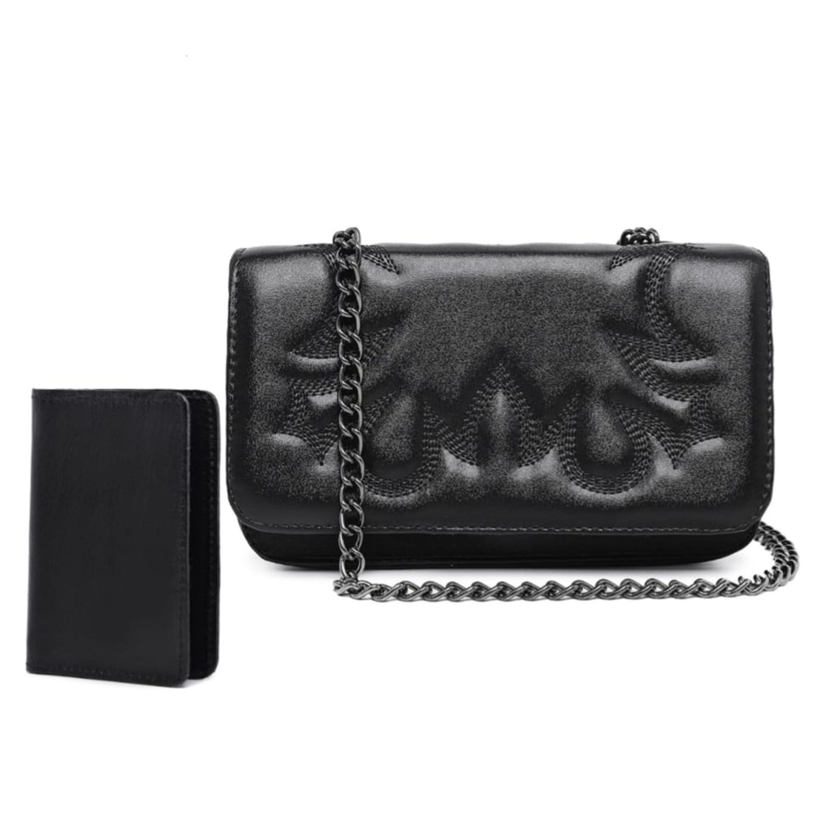 Bolsa Country Feminina Pequena Preta Alça De Corrente Ombro Tiracolo Bordada Clutch E Carteira