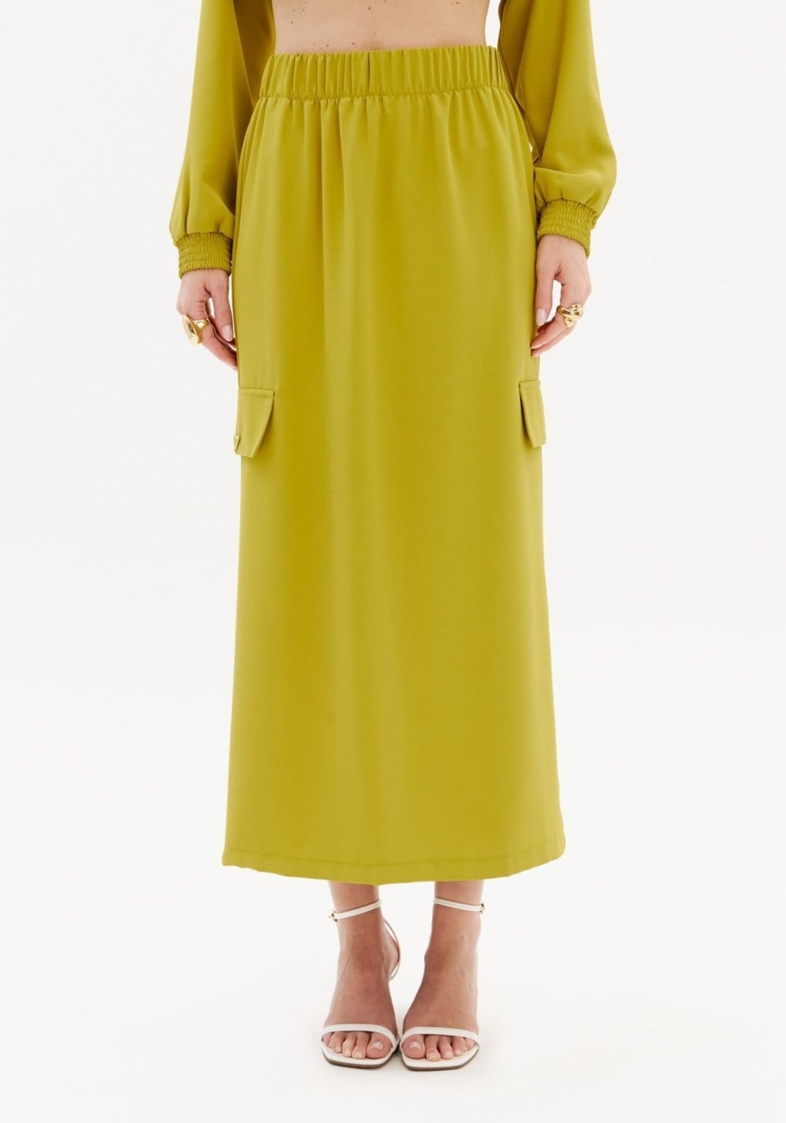 Vista 2 Saia Parachute Super Midi Cintura édia Lança Perfume verde