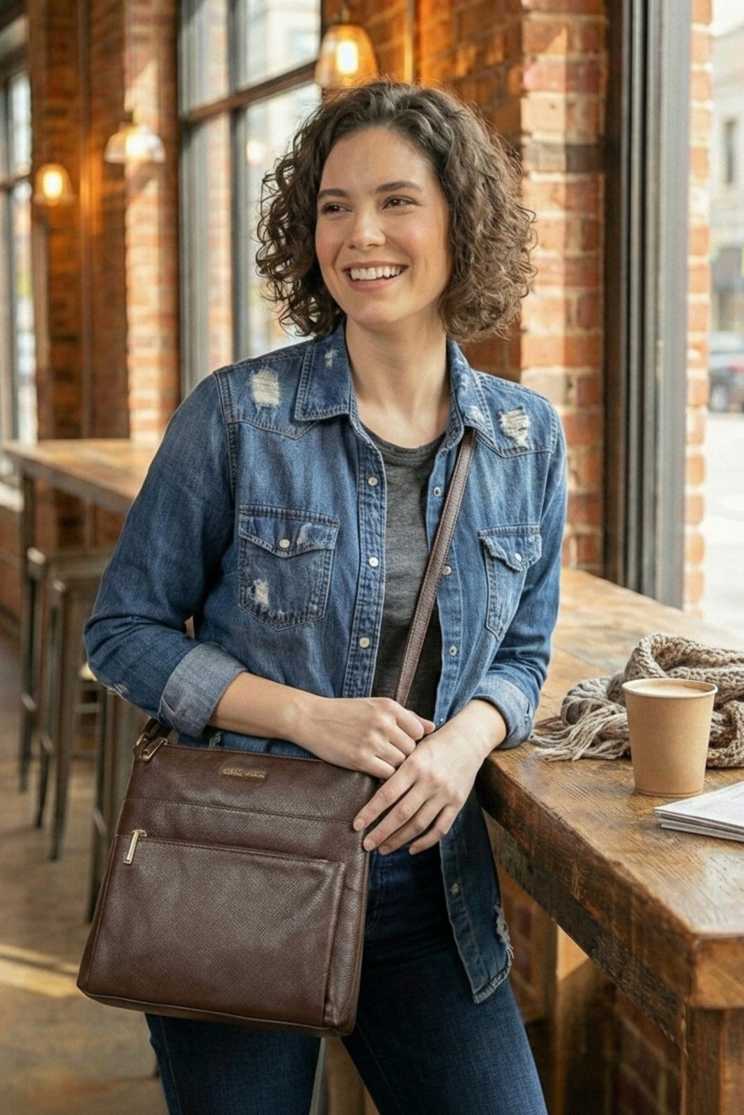 Vista 2 Bolsa transversal de couro liso Giselle - Café Andrea Vinci caramelo