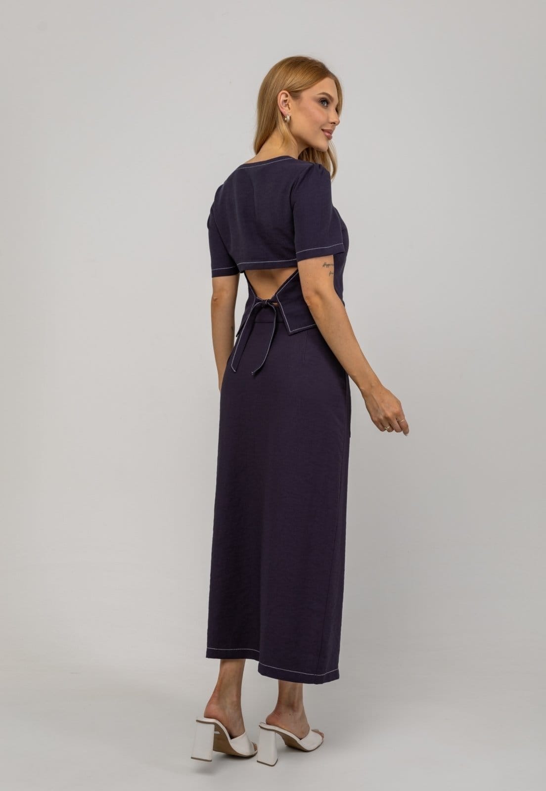 Vista 2 Saia De Alfaiataria Midi Com Bolsos Frontais e Fenda Salvatore Salvatore Fashion azul