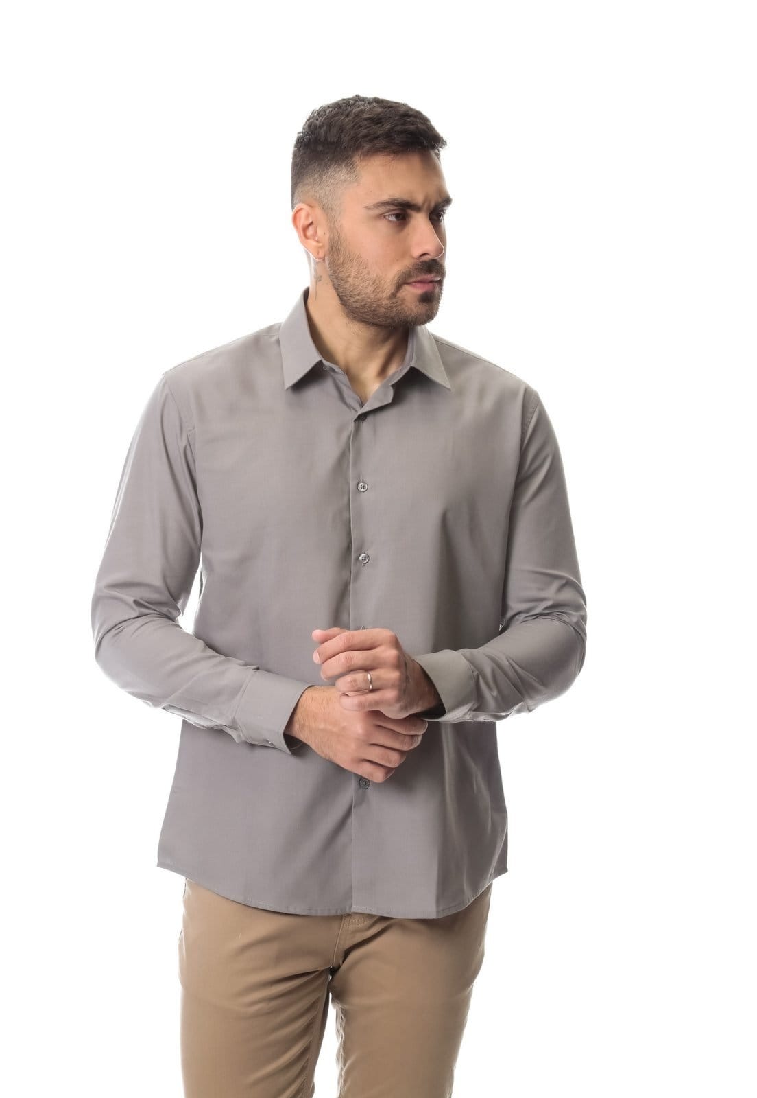 Vista 2 Kit 2 Camisas Social Masculina Manga Longa Crocker Cinza e Branca - 50077 Crocker multicolorido