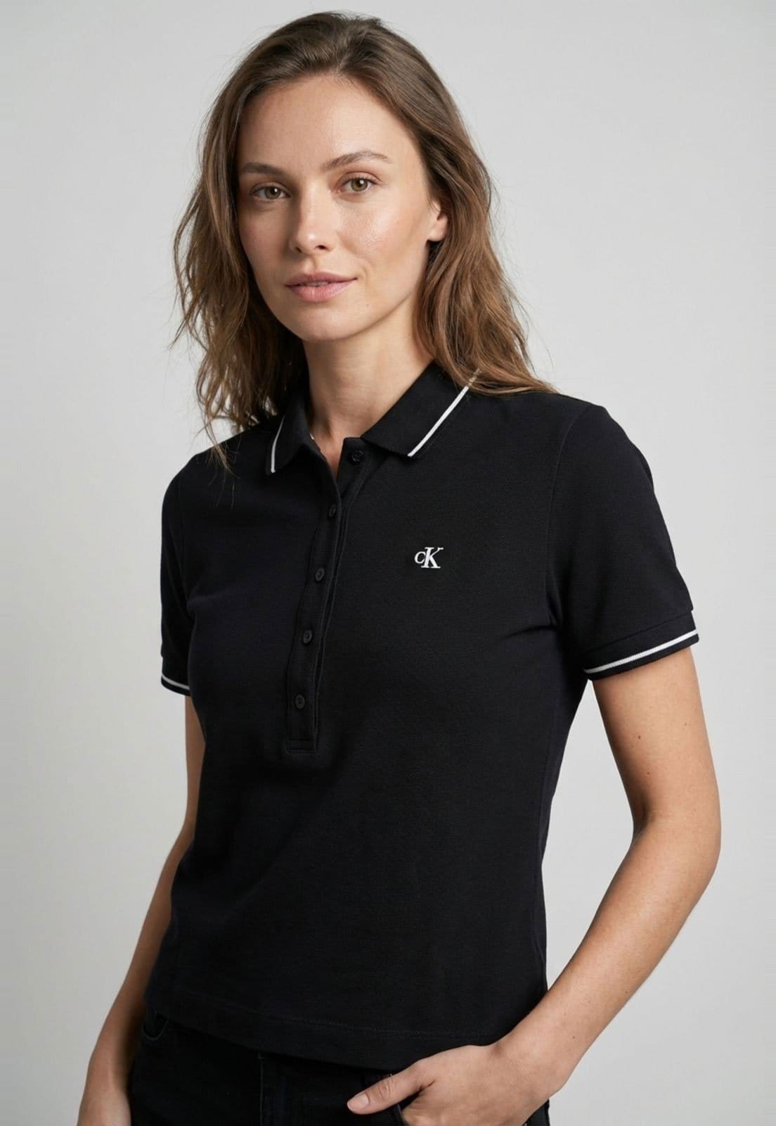 Polo Feminina Calvin Klein Jeans Piquet Duplo Preta