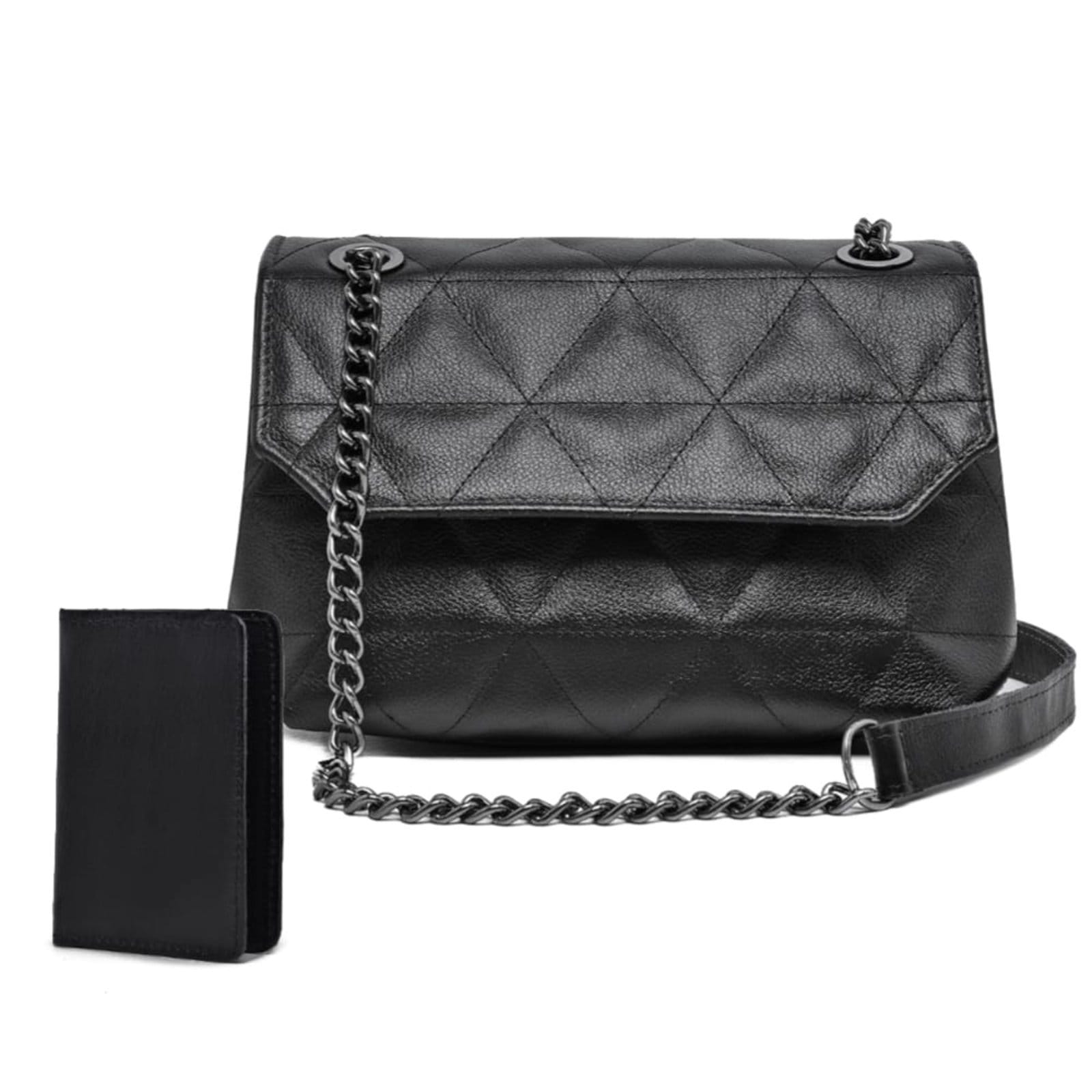 Vista principal Bolsa De Couro Legitimo Feminina Preta Bordada Triangulo Alça De Ombro 2 Repartições E Carteira Kit CARMELO SHOES preto