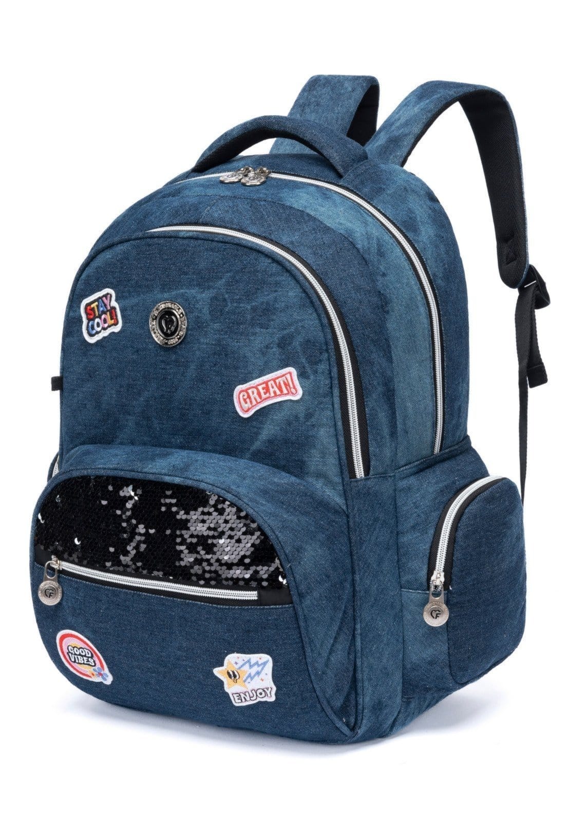 Vista 2 Mochila Reforçada Bolsa Juvenil Feminina Escolar Uso Diário Ferrazzi jeans