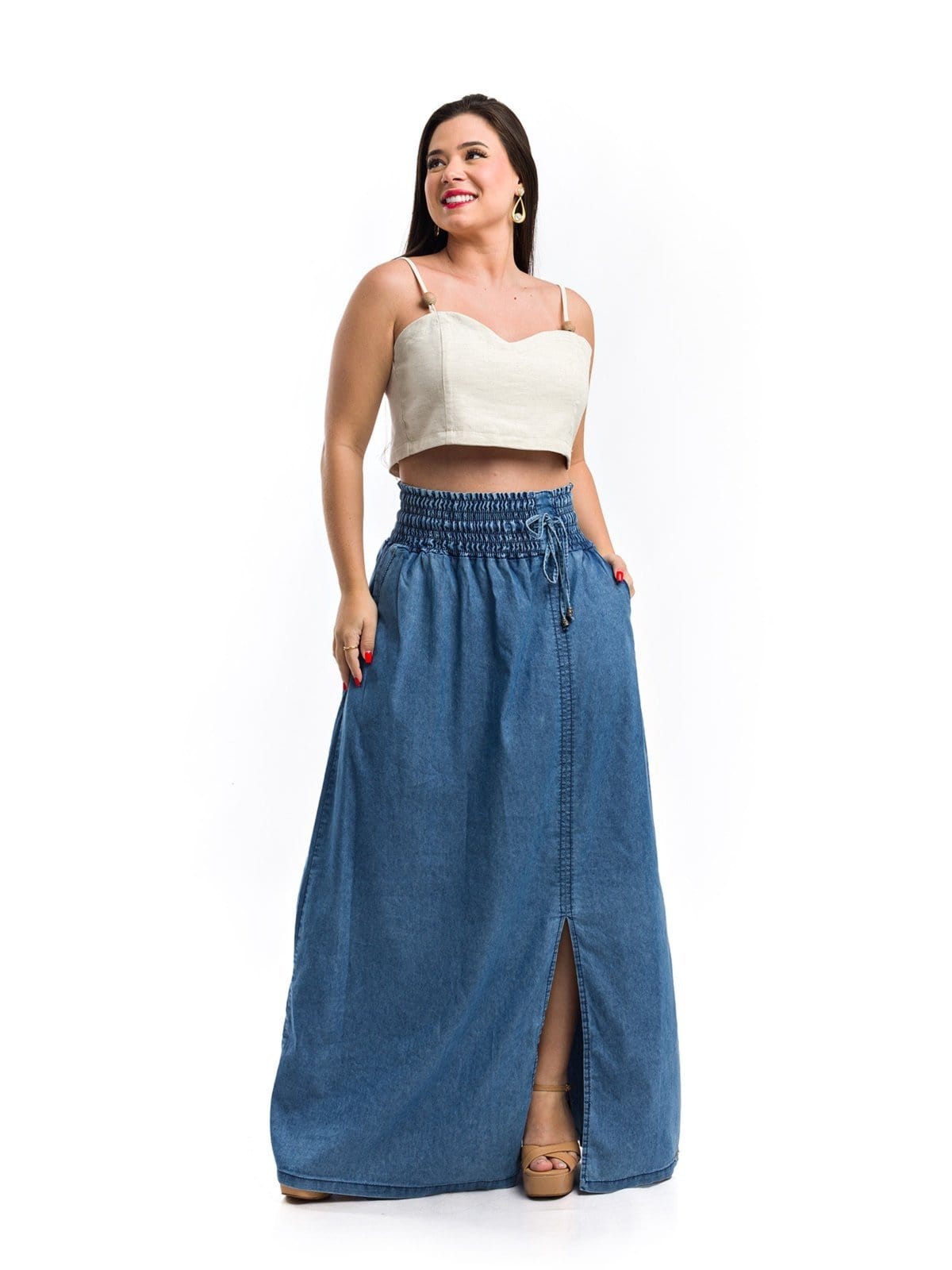 Saia Longa Restrito Jeans Com Lastex